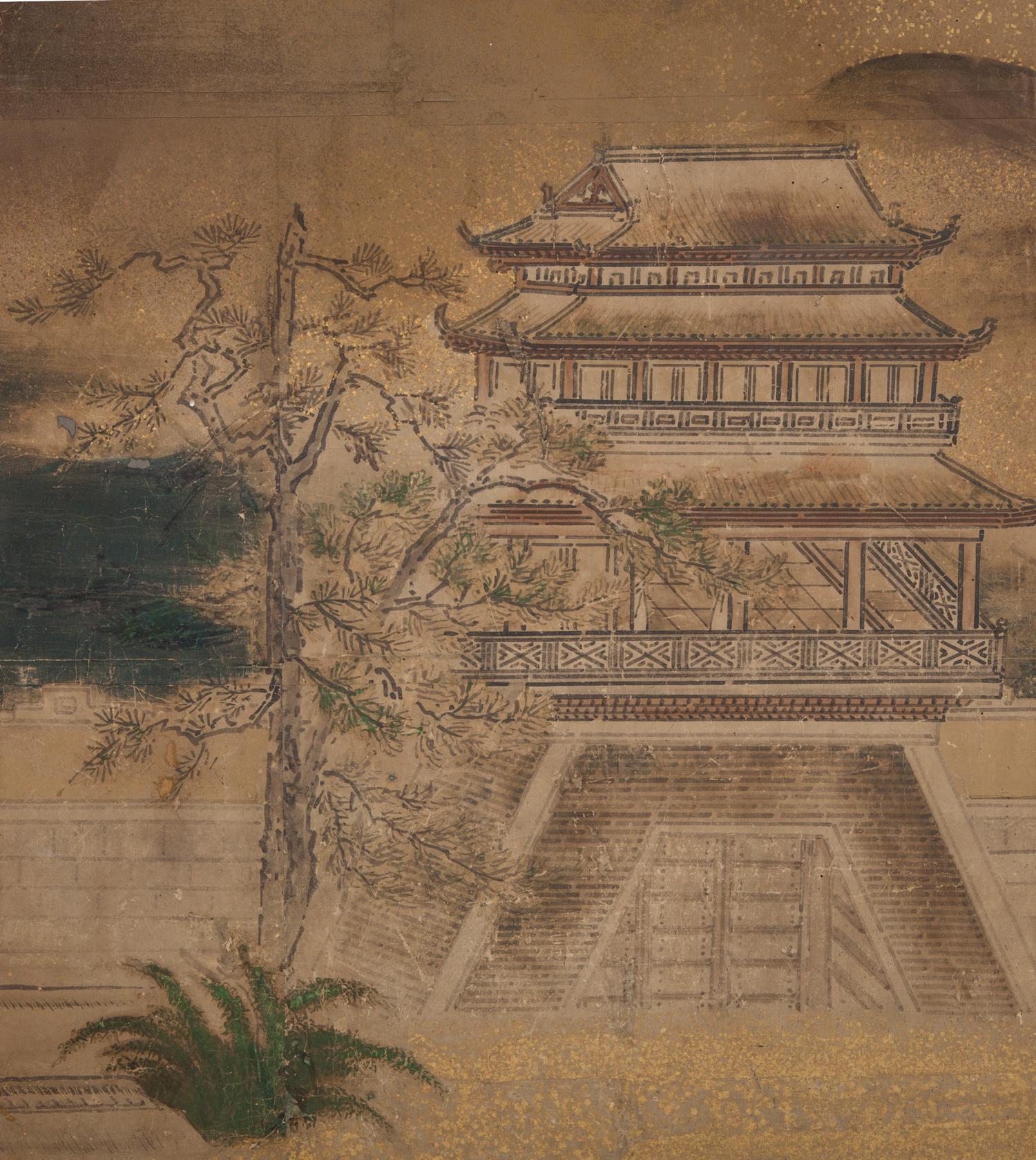 Edo Japanese Four Panel Screen Chinese Temple in Mountain Landscape