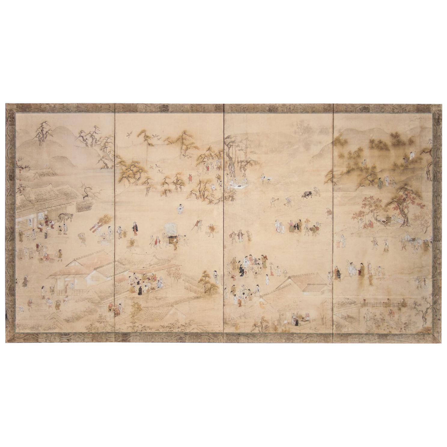 Japanese Four Panel Screen Country Genre Scene For Sale