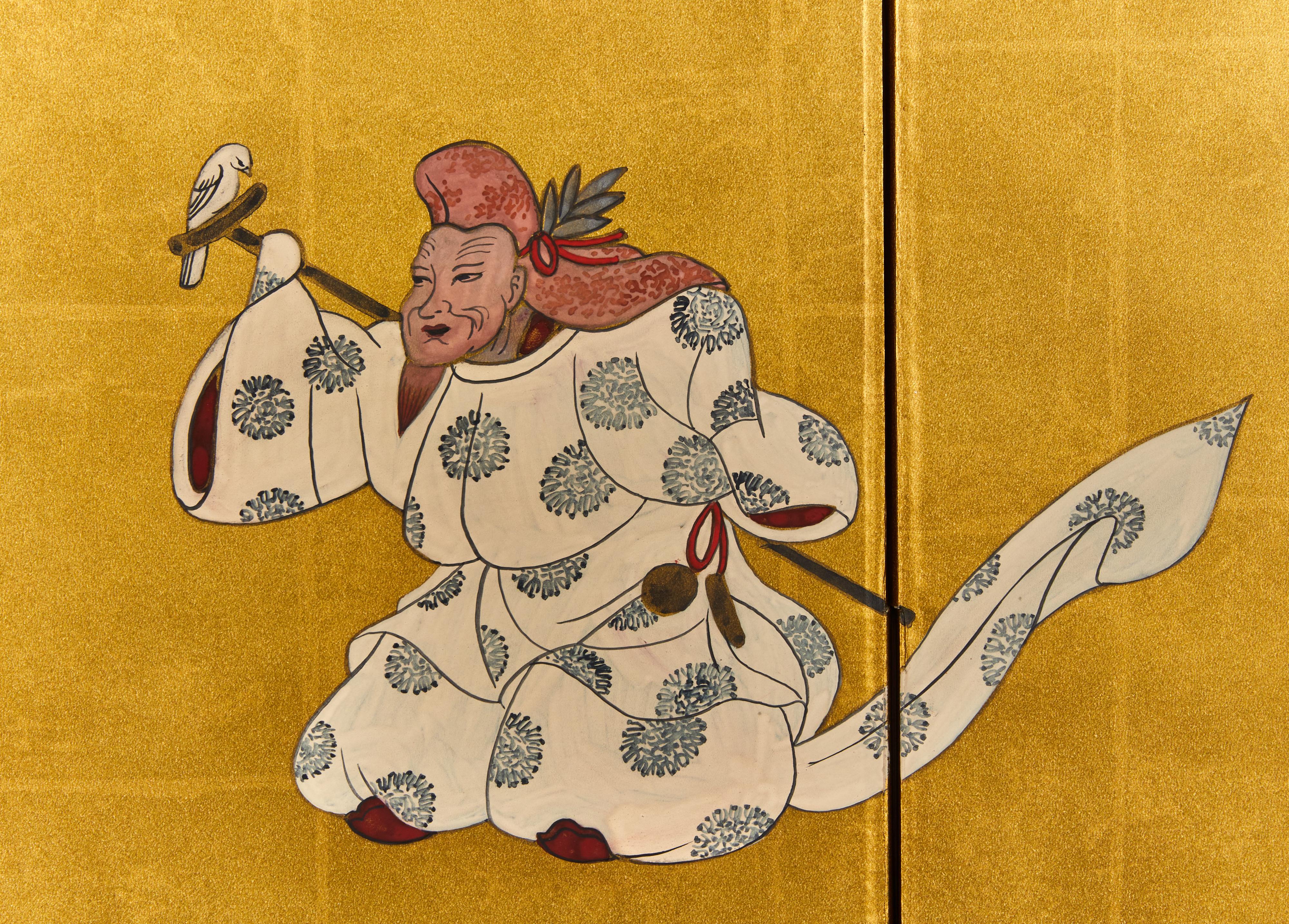Gold Japanese Four Panel Screen: Dancing Figures For Sale