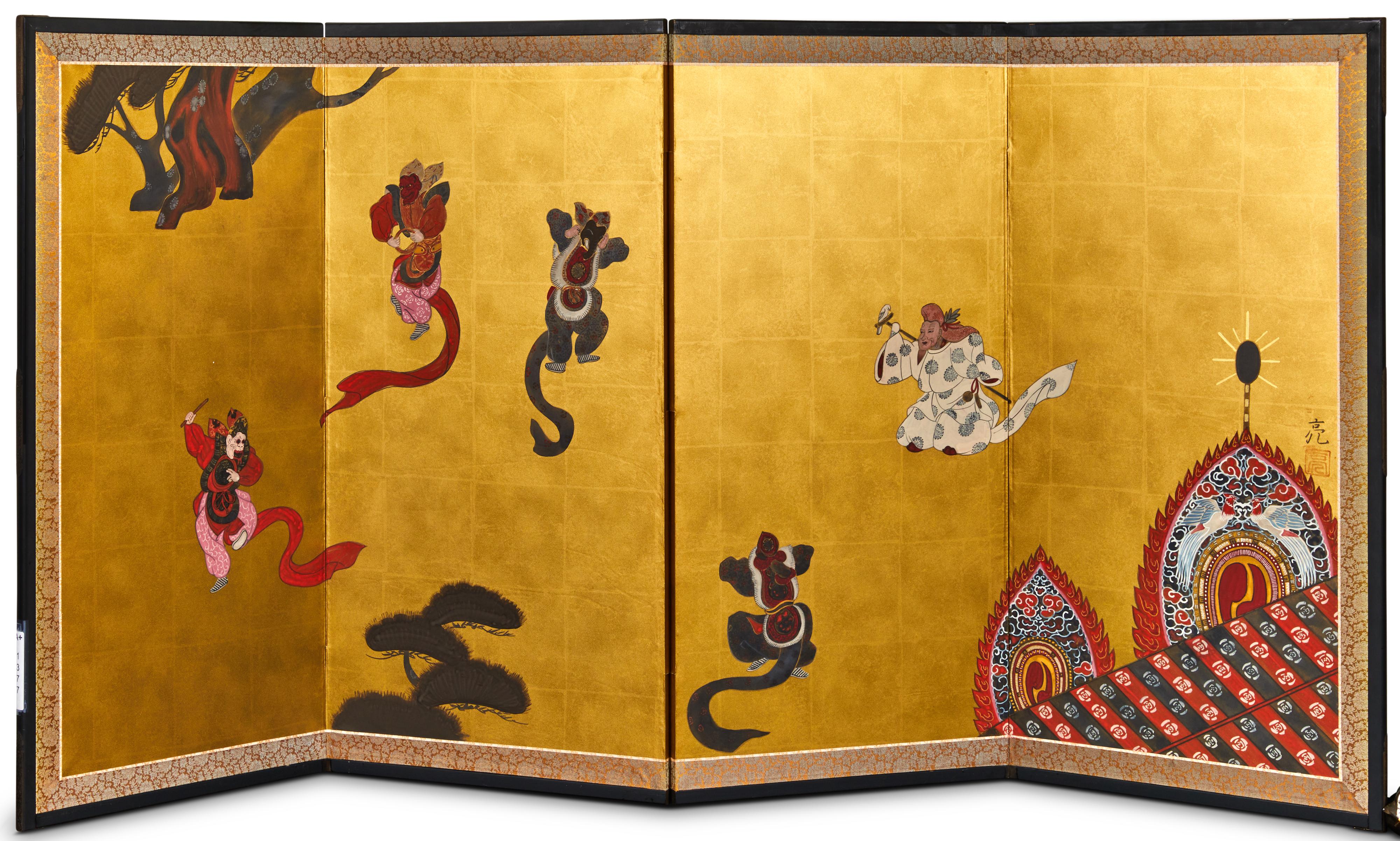 Japanese Four Panel Screen: Dancing Figures For Sale 3