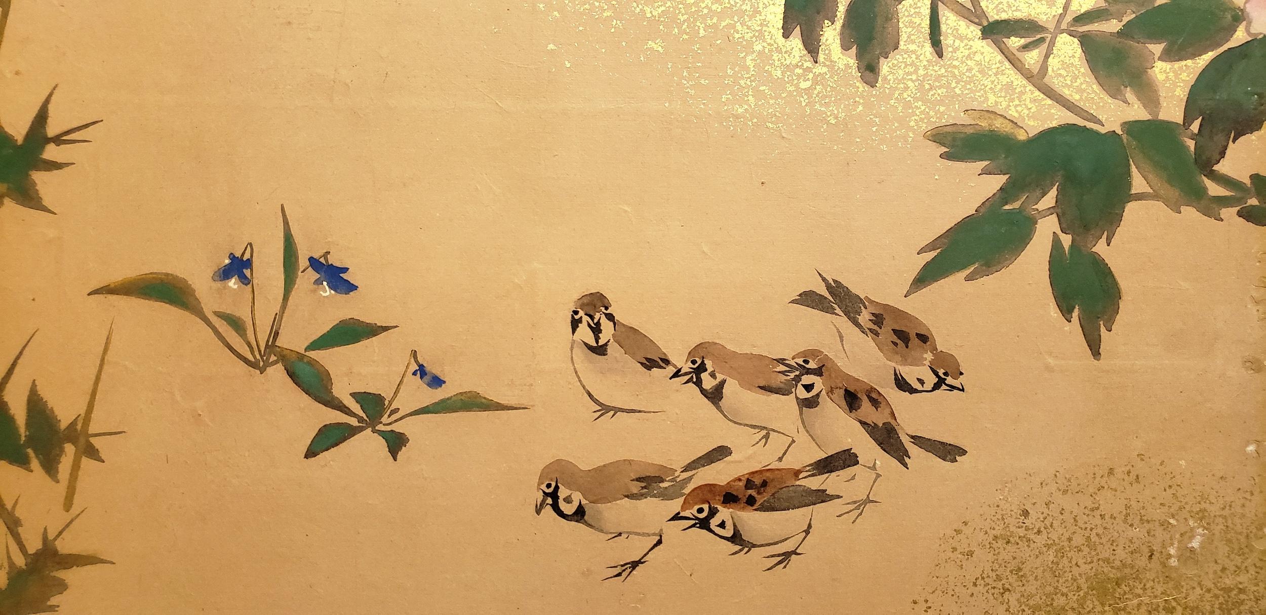 Meiji Japanese Four Panel Screen: Early Spring Into Summer For Sale