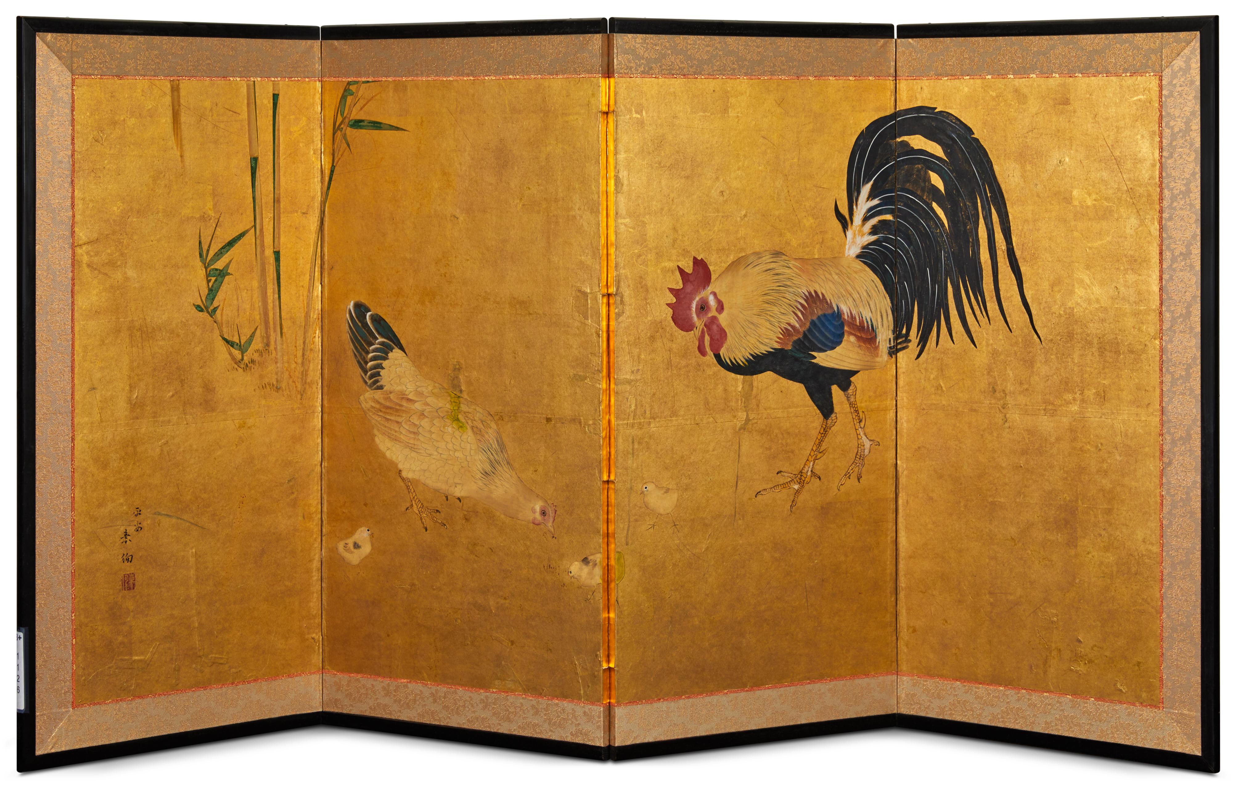 Japanese Four Panel Screen: Family of Chickens For Sale 5