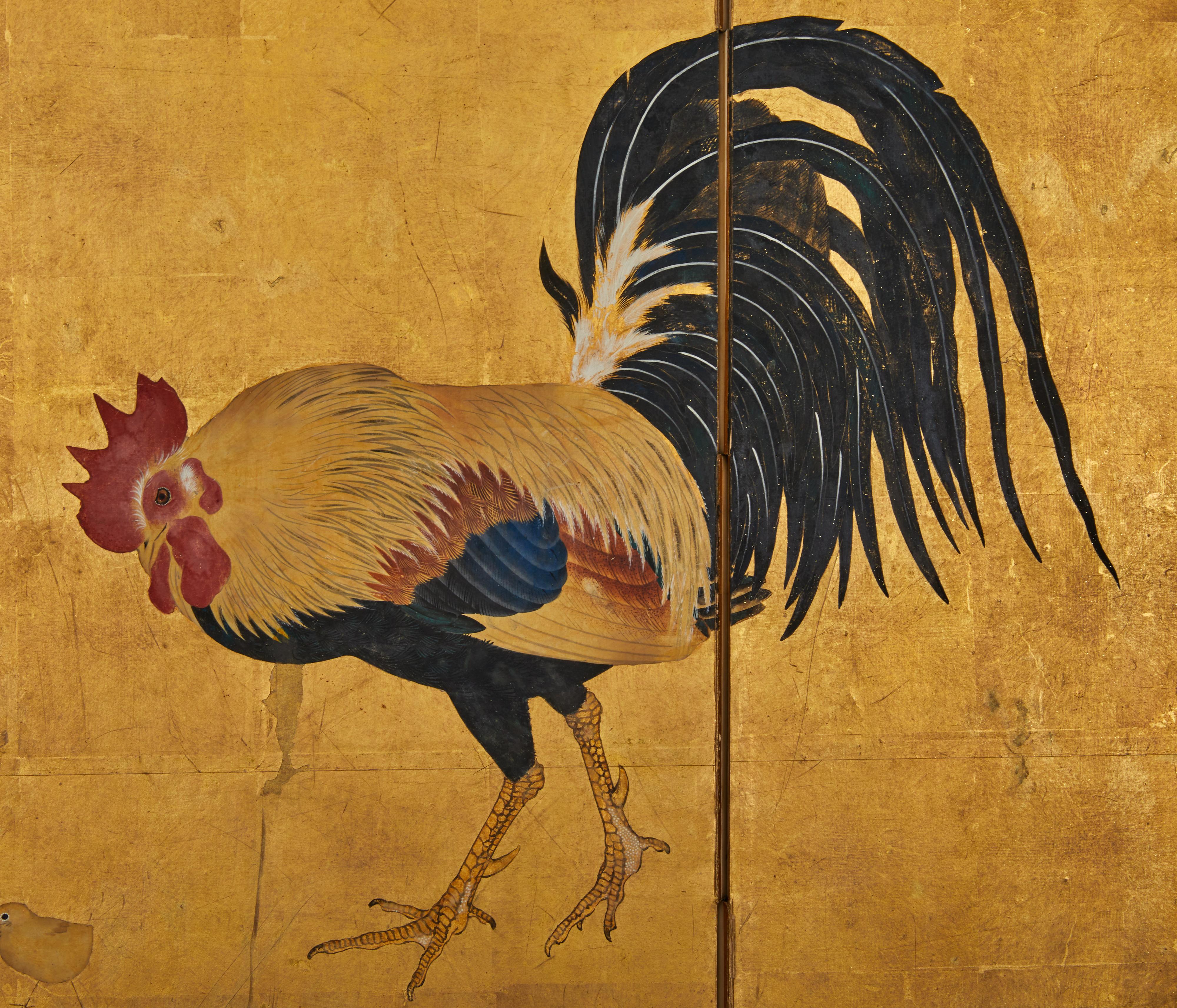 Meiji period painting (1868 - 1912) of rooster, hen, and chicks in mineral pigments and ink on mulberry paper with silk brocade border. Signed Soken.