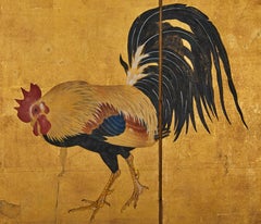 Japanese Four Panel Screen: Family of Chickens