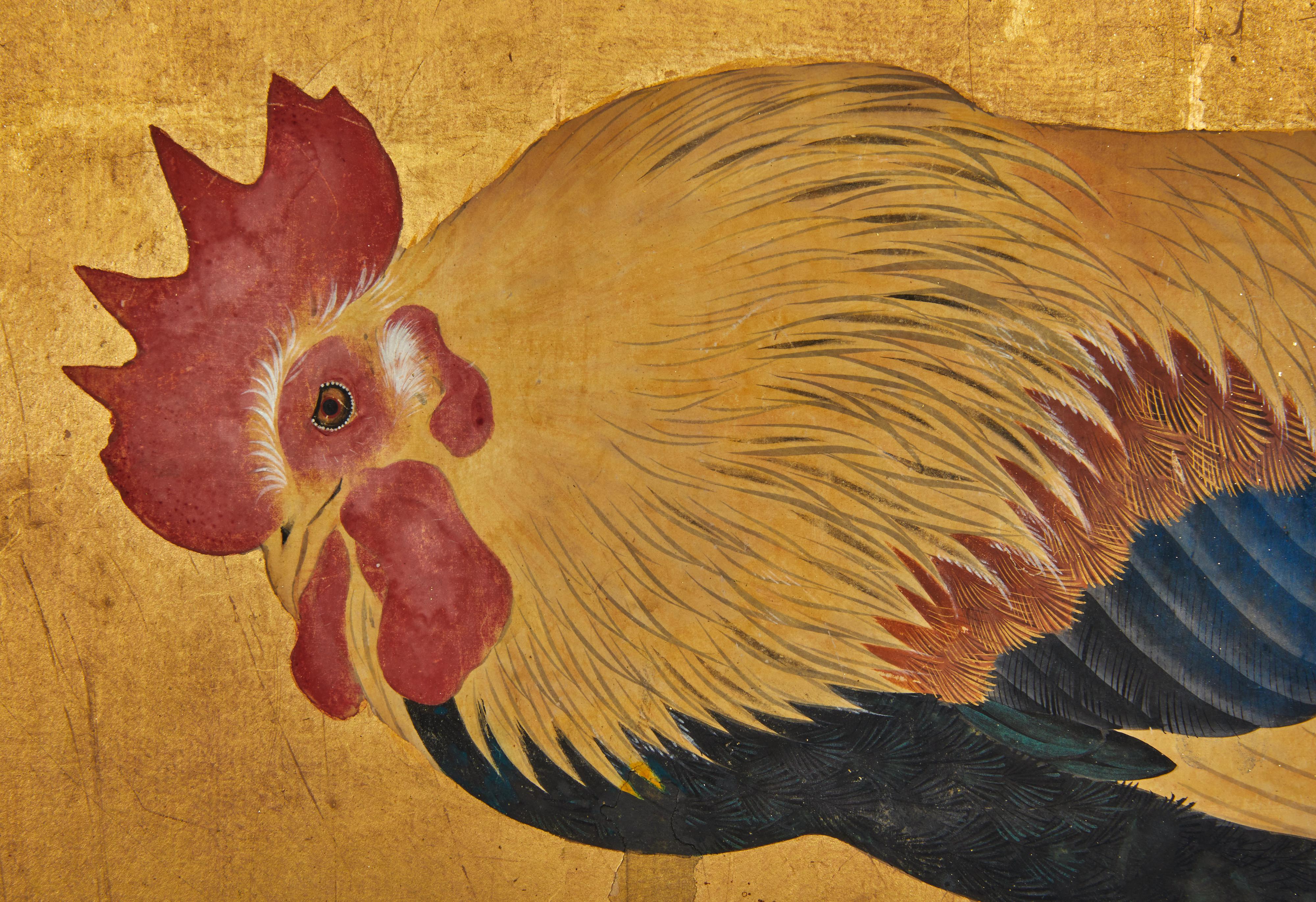 Japanese Four Panel Screen: Family of Chickens In Good Condition For Sale In Hudson, NY