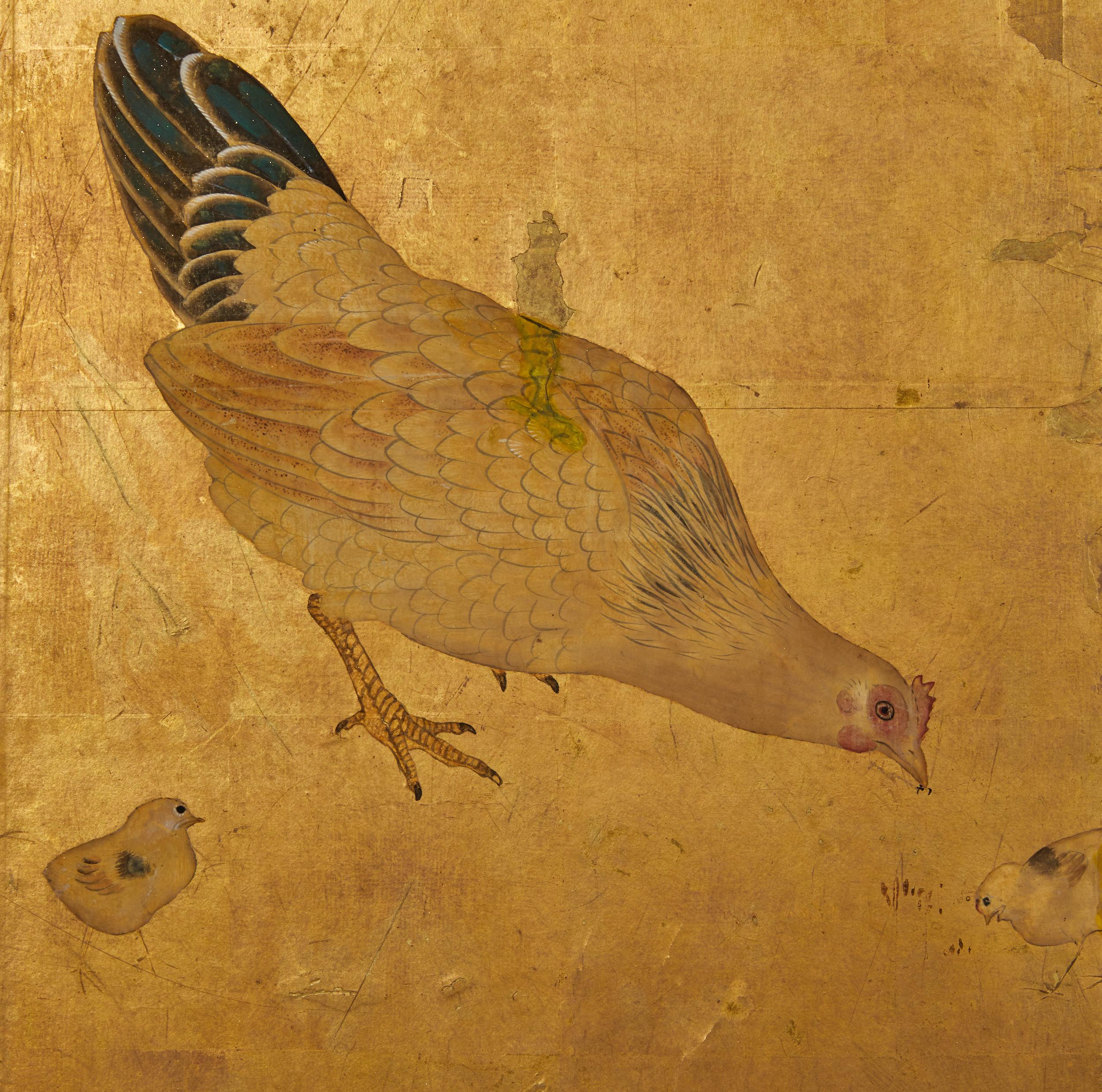 19th Century Japanese Four Panel Screen: Family of Chickens For Sale
