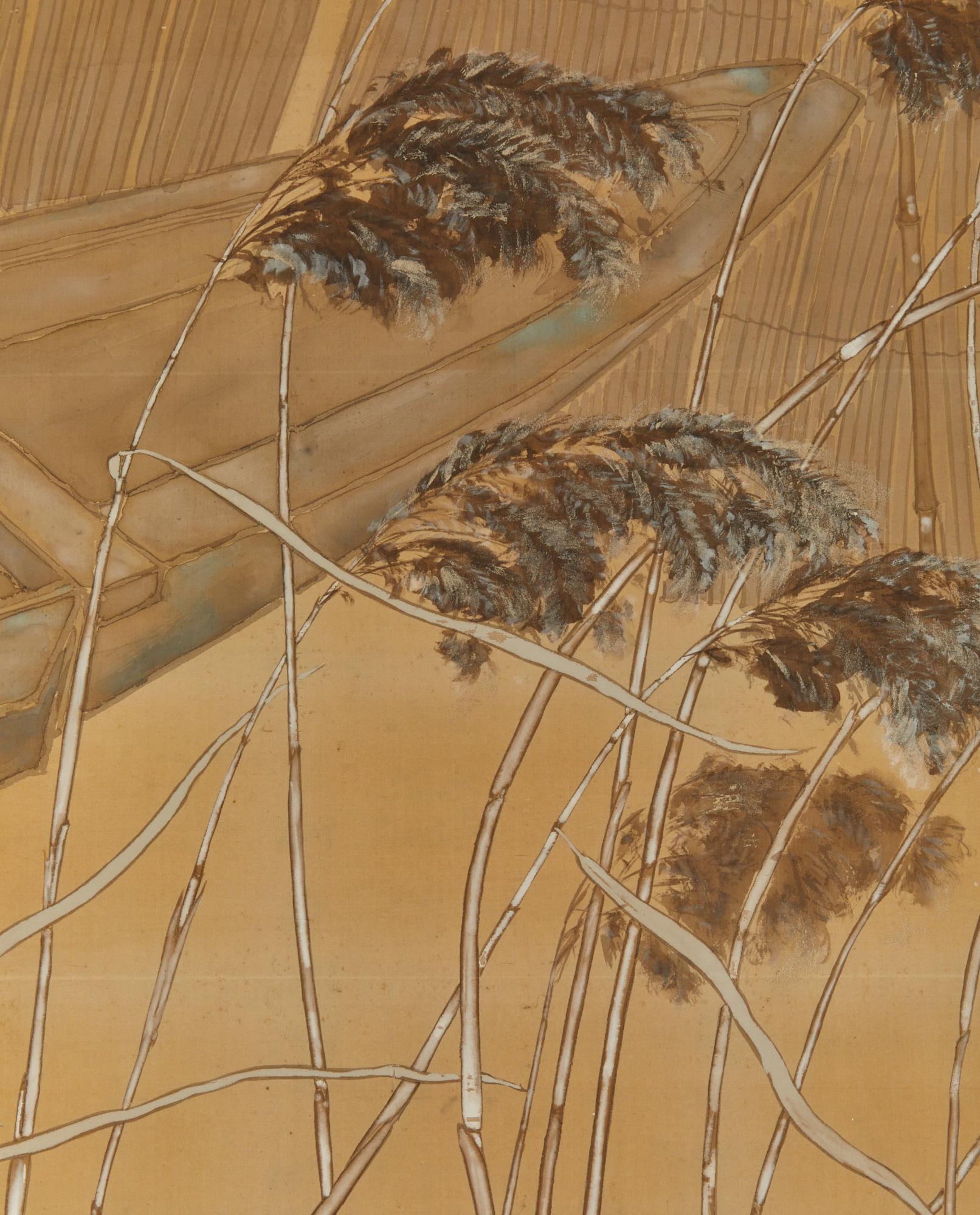 Japanischer Vier-Panel-Bildschirm: Fischerboot im Schilf im Zustand „Gut“ im Angebot in Hudson, NY