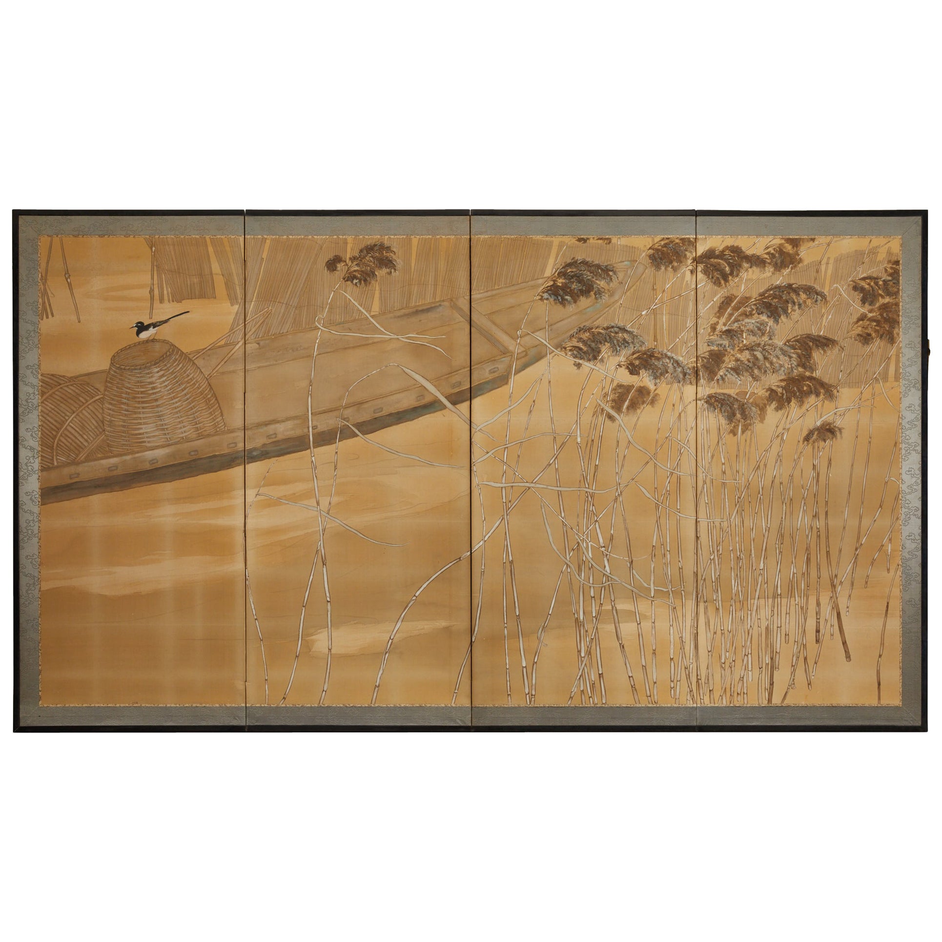 Japanischer Vier-Panel-Bildschirm: Fischerboot im Schilf