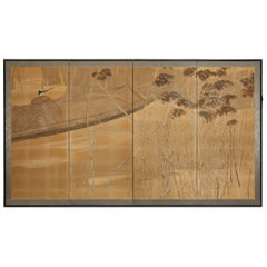 Japanischer Vier-Panel-Bildschirm: Fischerboot im Schilf