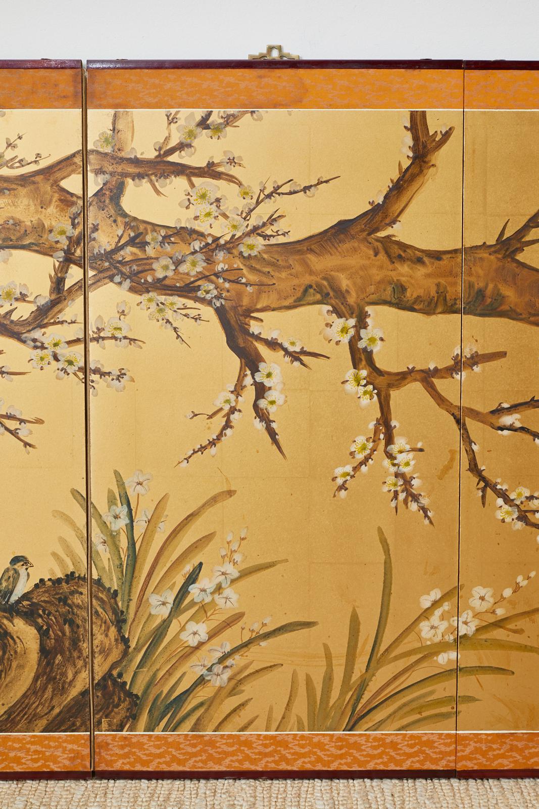 Hand-Crafted Japanese Four-Panel Screen Flowering Plum Tree