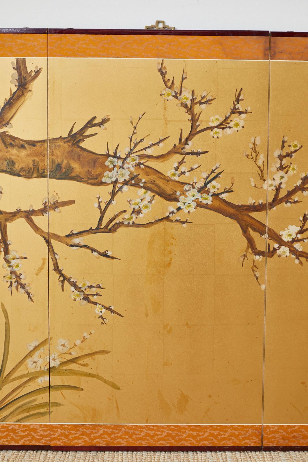Japanese Four-Panel Screen Flowering Plum Tree In Good Condition In Rio Vista, CA