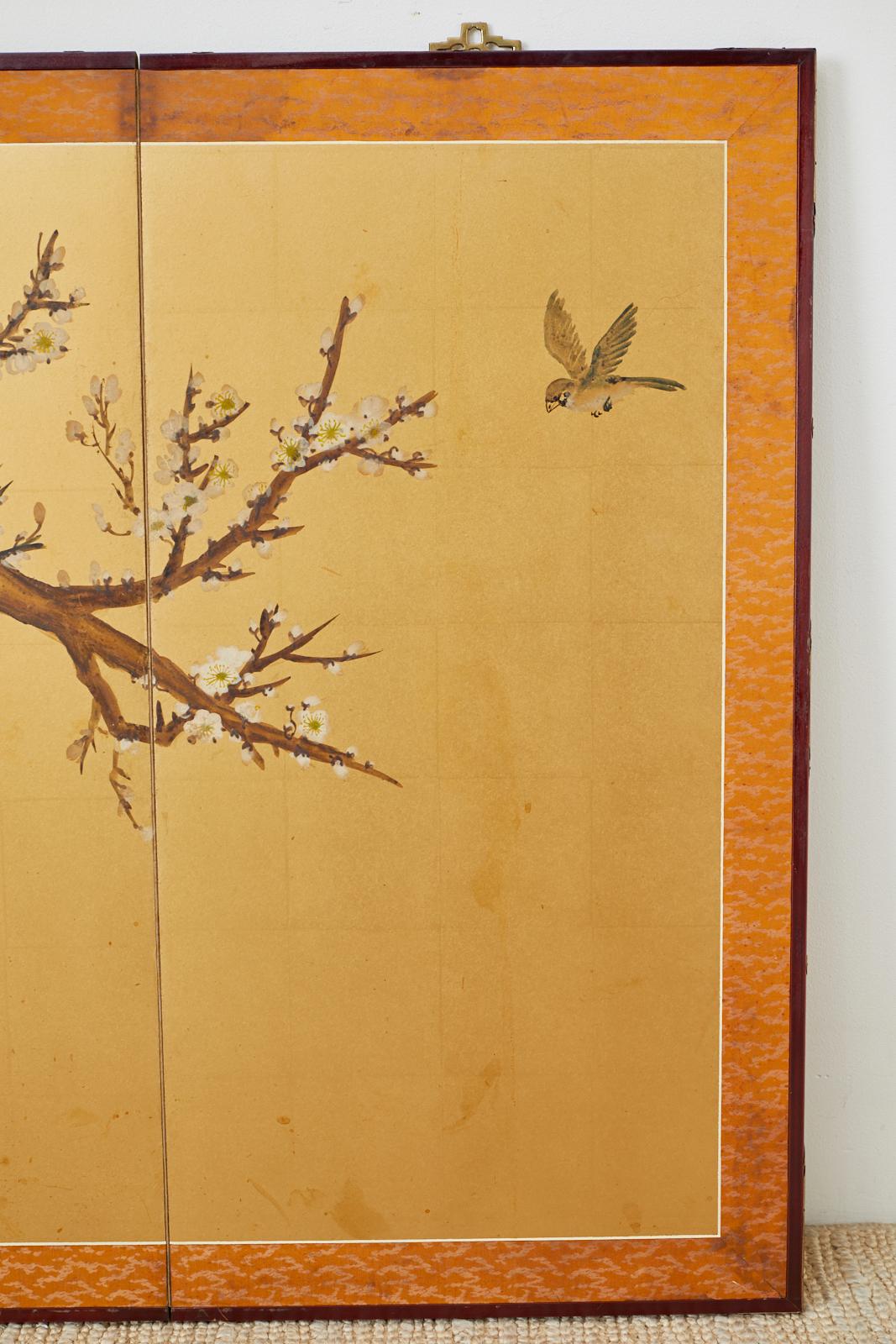 20th Century Japanese Four-Panel Screen Flowering Plum Tree