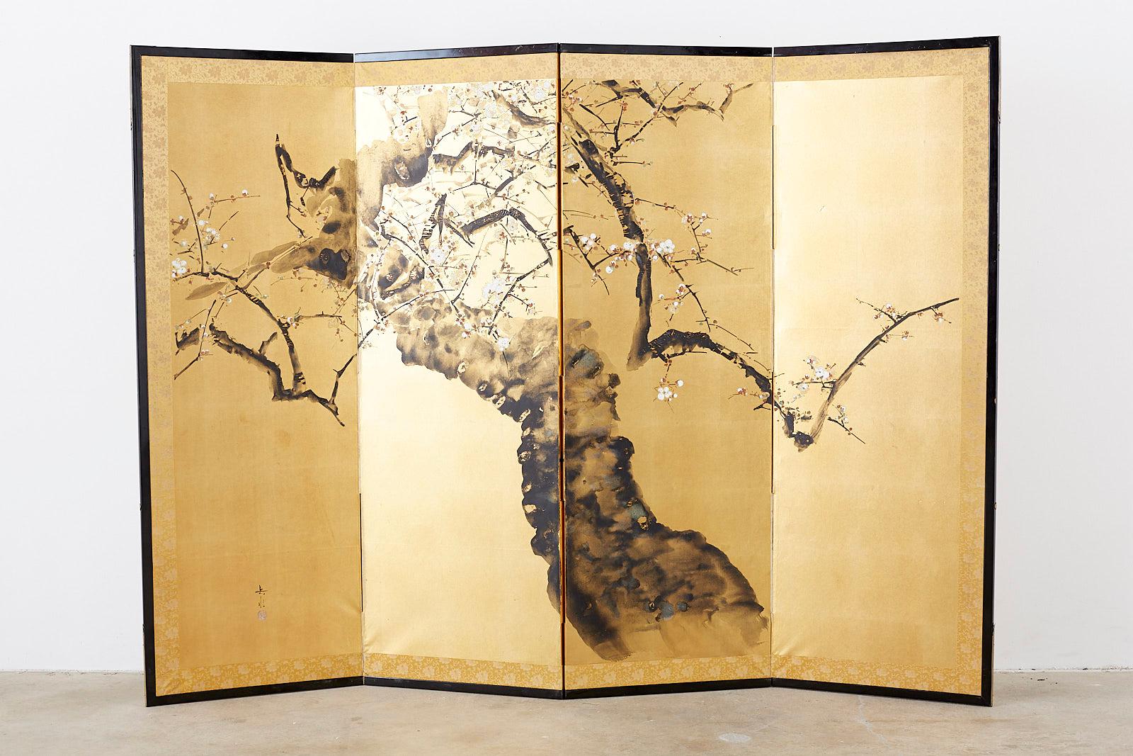 Japanese Four Panel Screen Flowering Prunus Tree 7