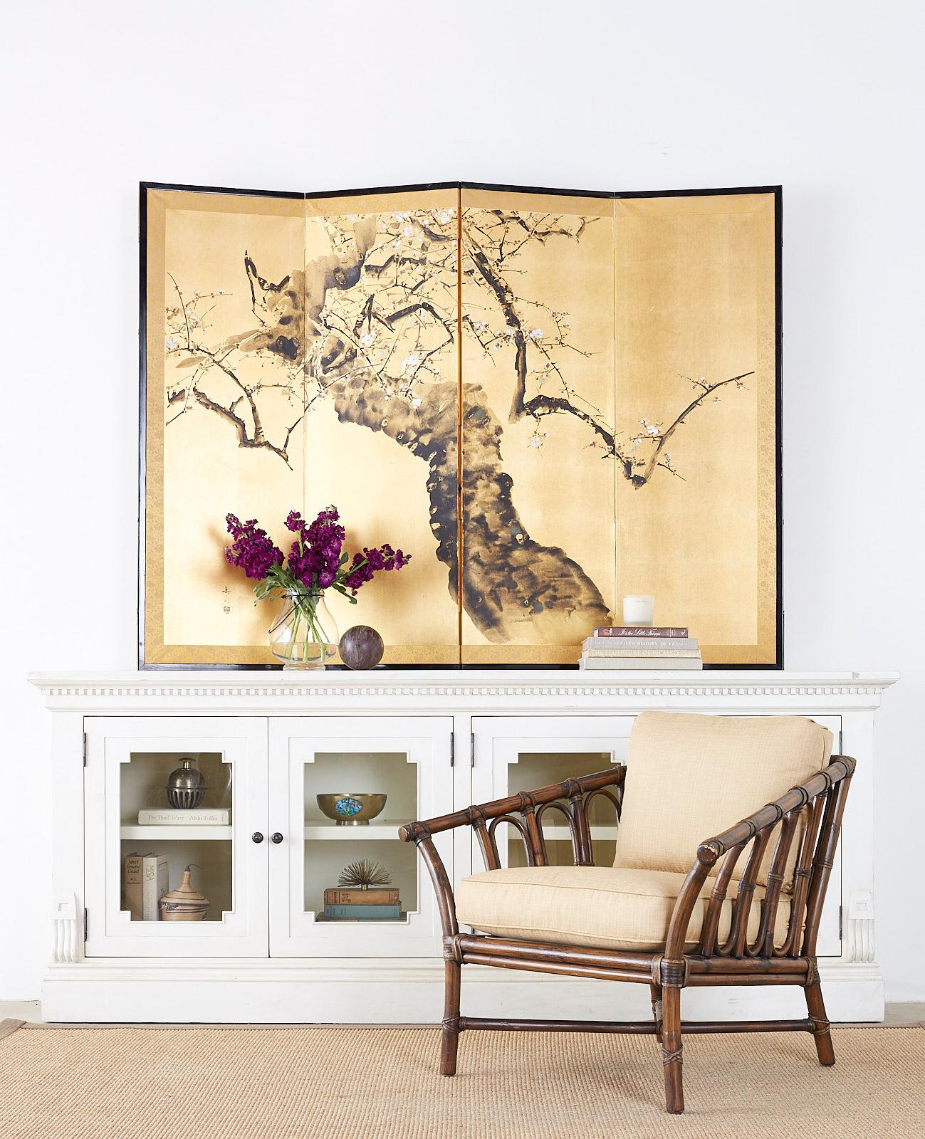 Japanese Four Panel Screen Flowering Prunus Tree