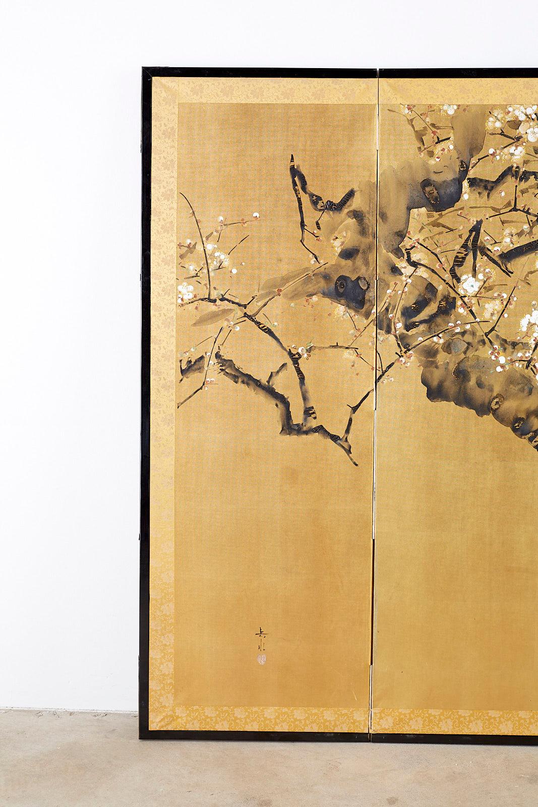 Meiji Japanese Four Panel Screen Flowering Prunus Tree