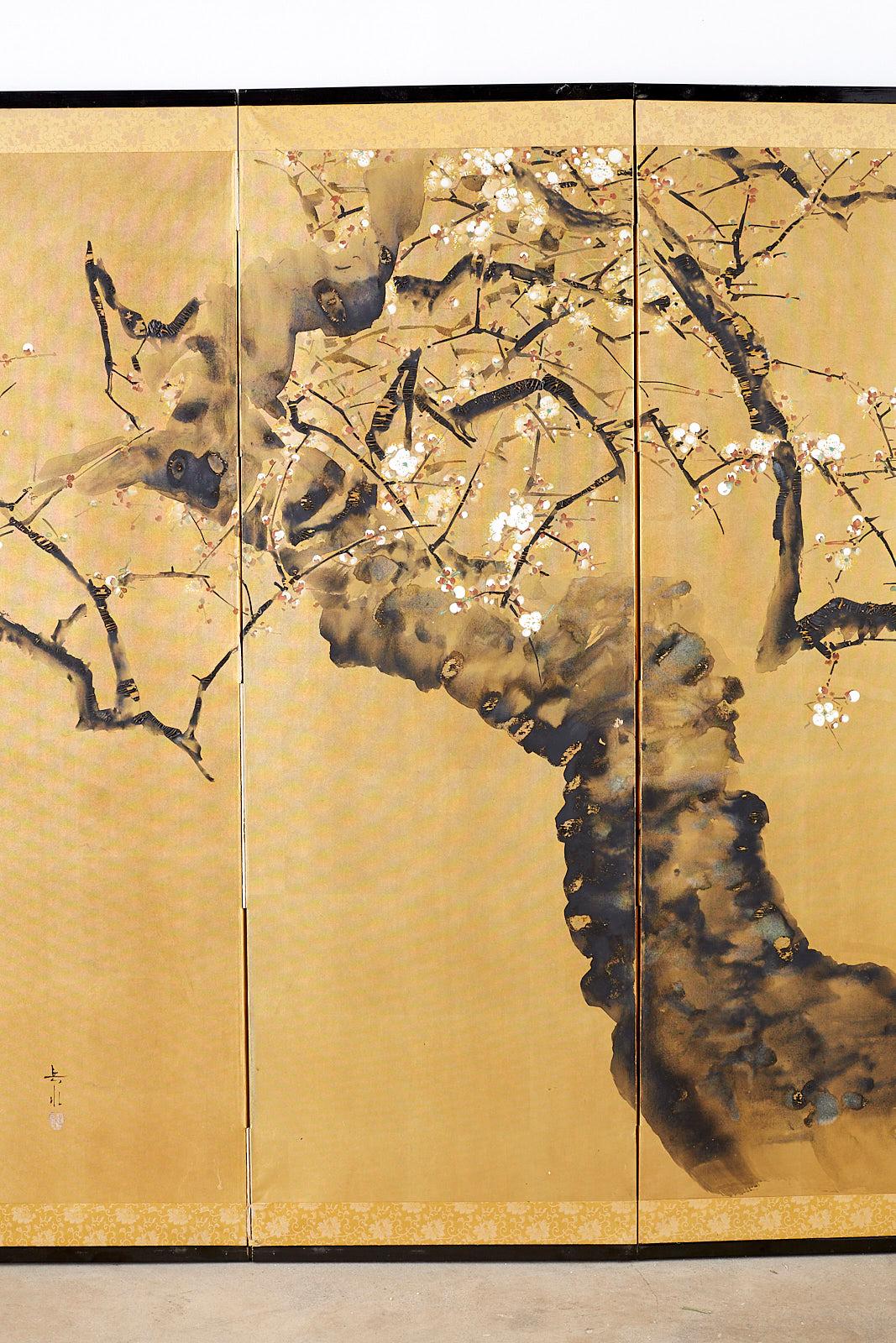 Gilt Japanese Four Panel Screen Flowering Prunus Tree