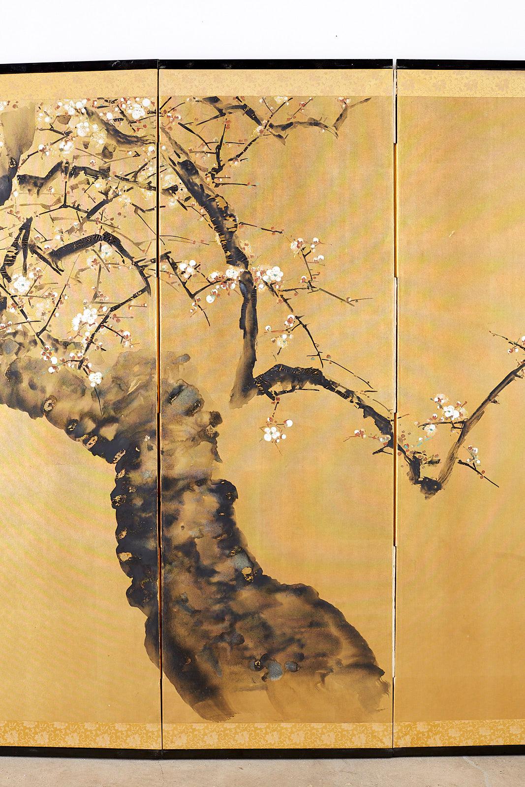Japanese Four Panel Screen Flowering Prunus Tree In Good Condition In Rio Vista, CA