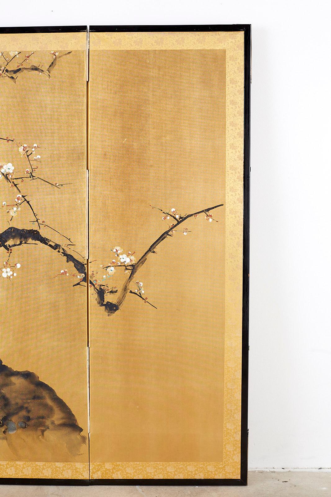20th Century Japanese Four Panel Screen Flowering Prunus Tree