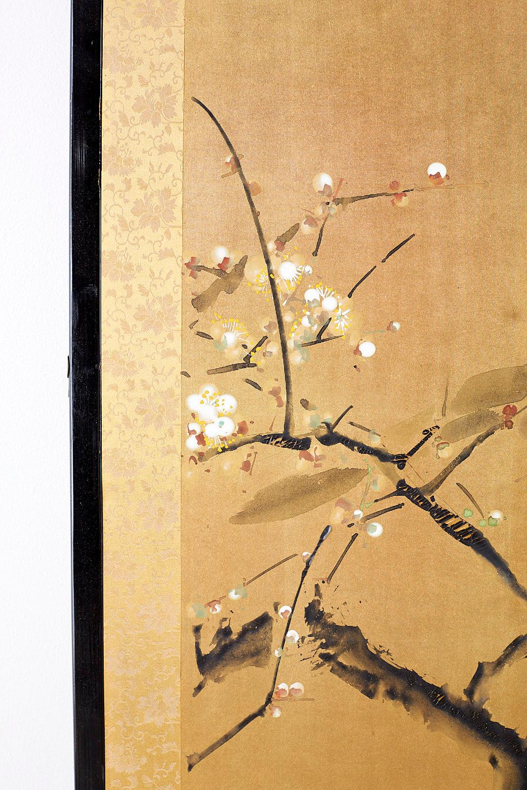 Wood Japanese Four Panel Screen Flowering Prunus Tree