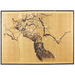 Japanese Four Panel Screen Flowering Prunus Tree