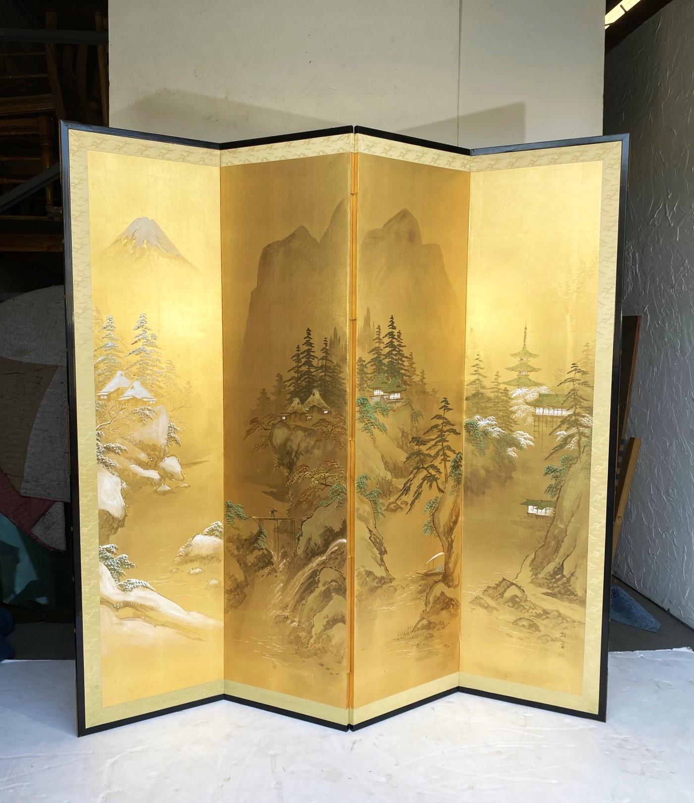 Hand-painted on silk Japanese four-panel screen.  Decorations of temples, trees, and mountains. 