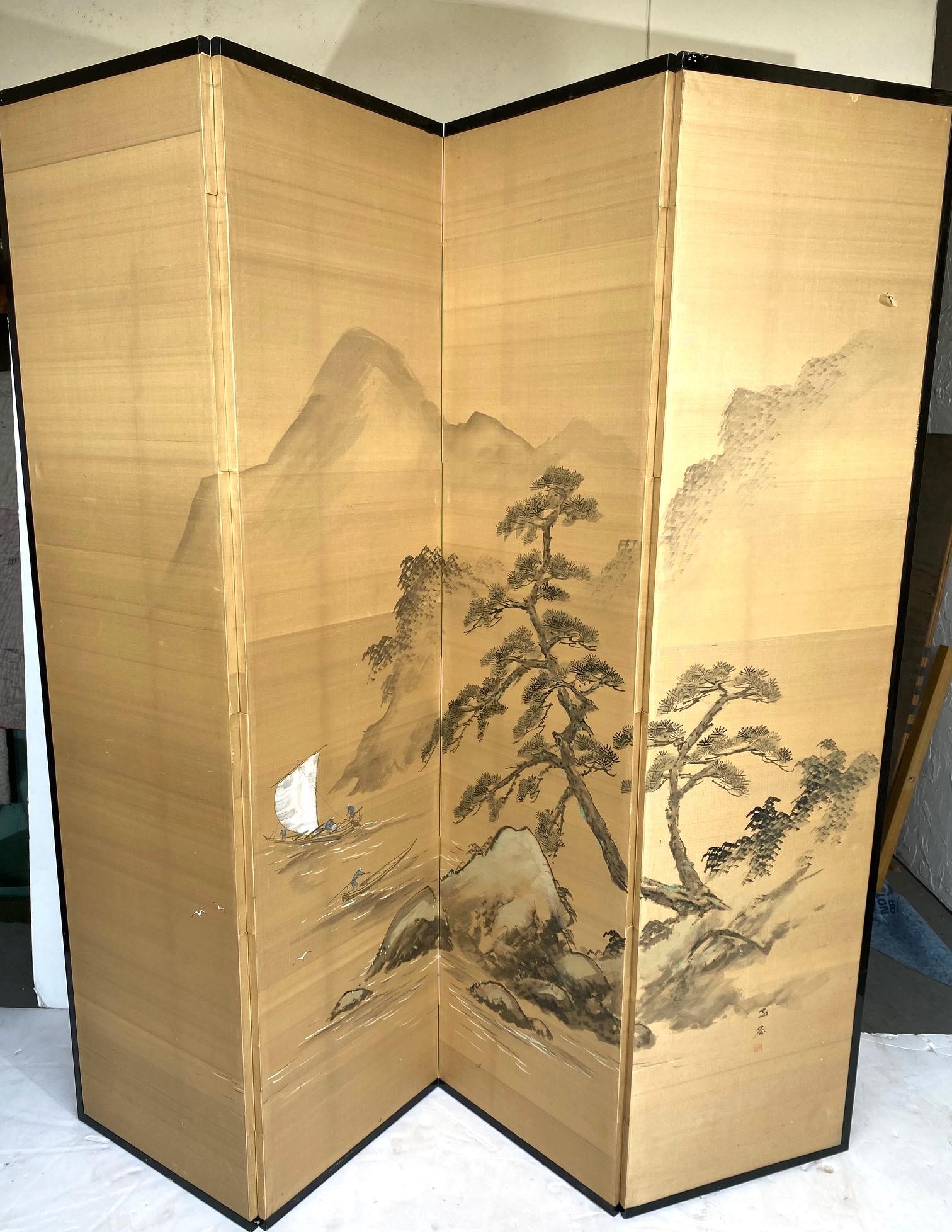 Japanese Four Panel Screen In Good Condition For Sale In Pomona, CA
