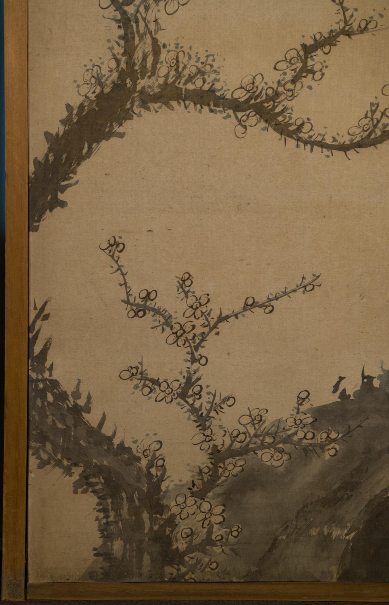 Hand-Painted Japanese Four-Panel Screen Four Fusuma 'Sliding Doors' with Venerable Plum