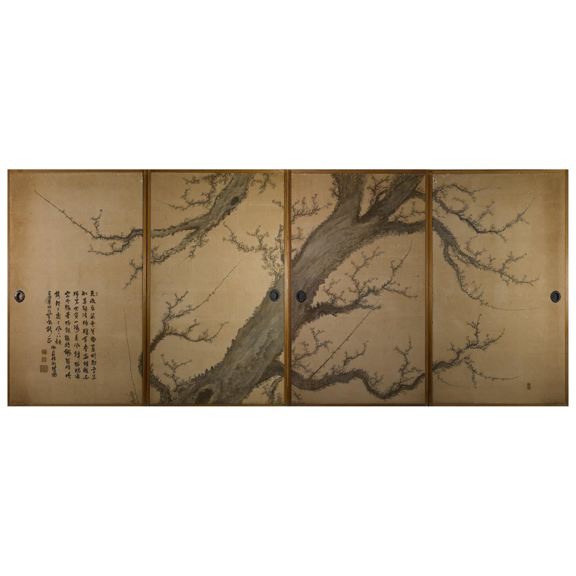 Japanese Four-Panel Screen Four Fusuma 'Sliding Doors' with Venerable Plum