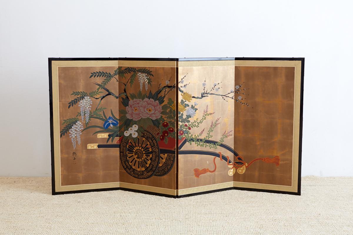 Japanese Four Panel Screen Gold Leaf Flower Cart 4
