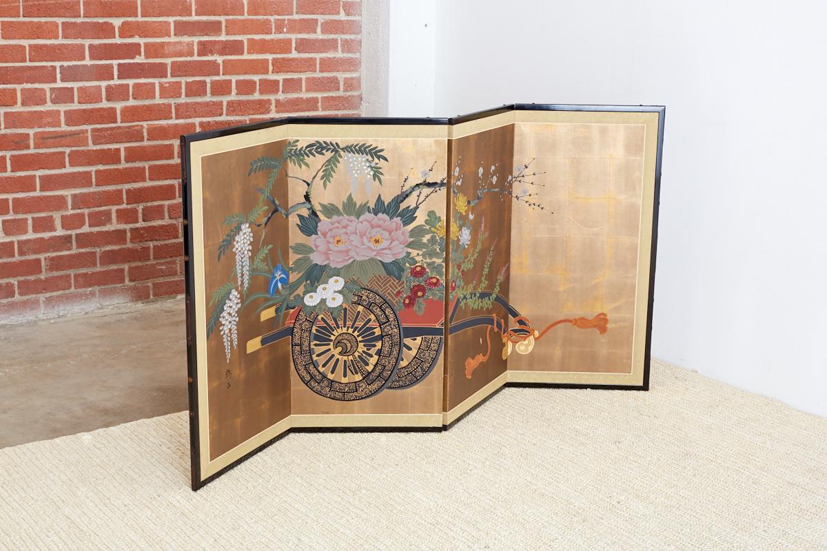 Japanese Four Panel Screen Gold Leaf Flower Cart 8