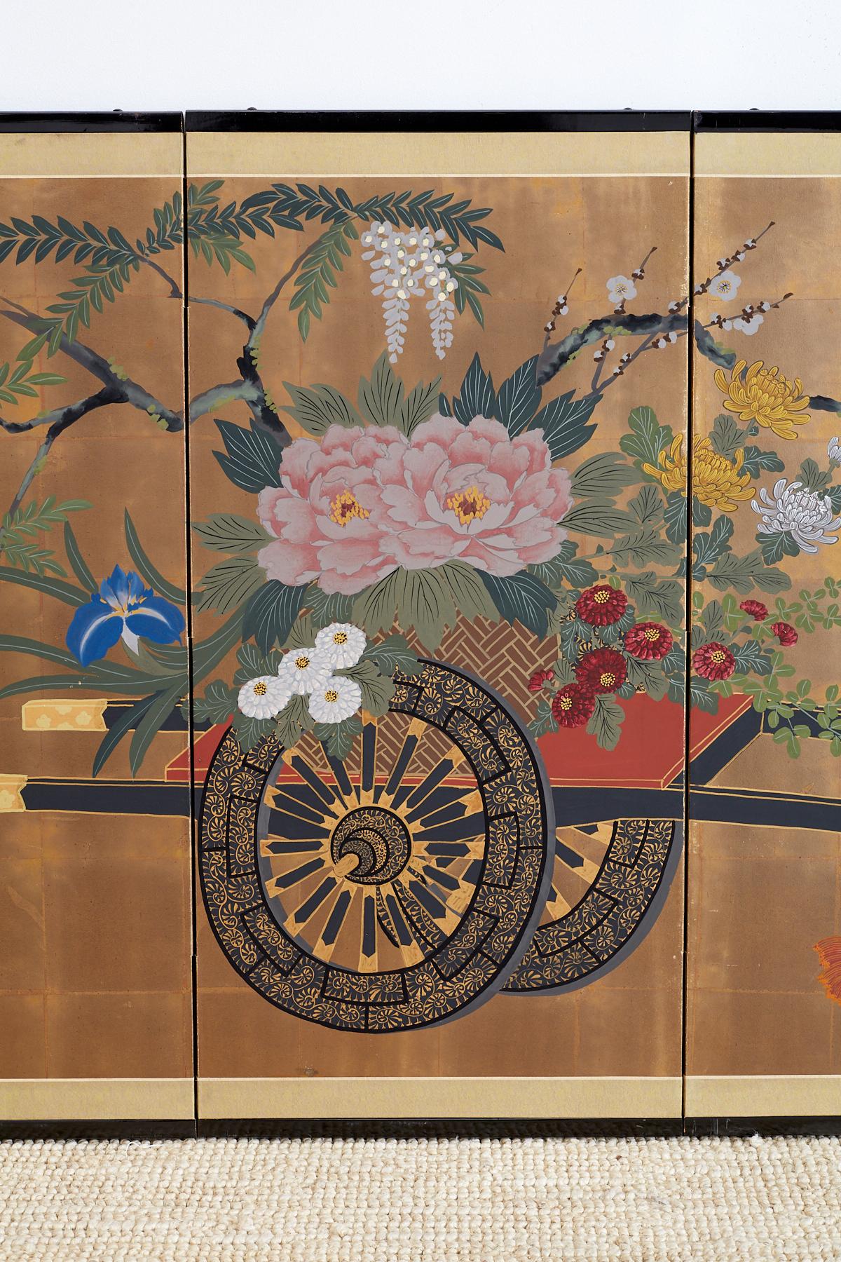 Meiji Japanese Four Panel Screen Gold Leaf Flower Cart
