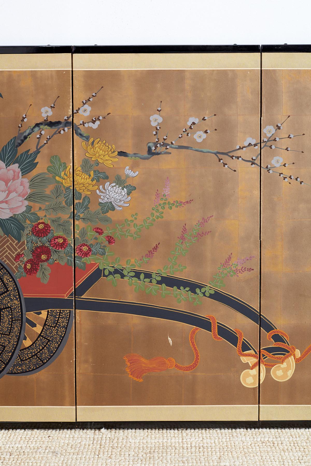 Ebonized Japanese Four Panel Screen Gold Leaf Flower Cart