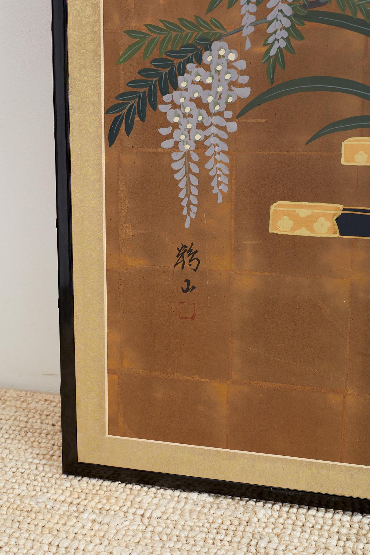 20th Century Japanese Four Panel Screen Gold Leaf Flower Cart