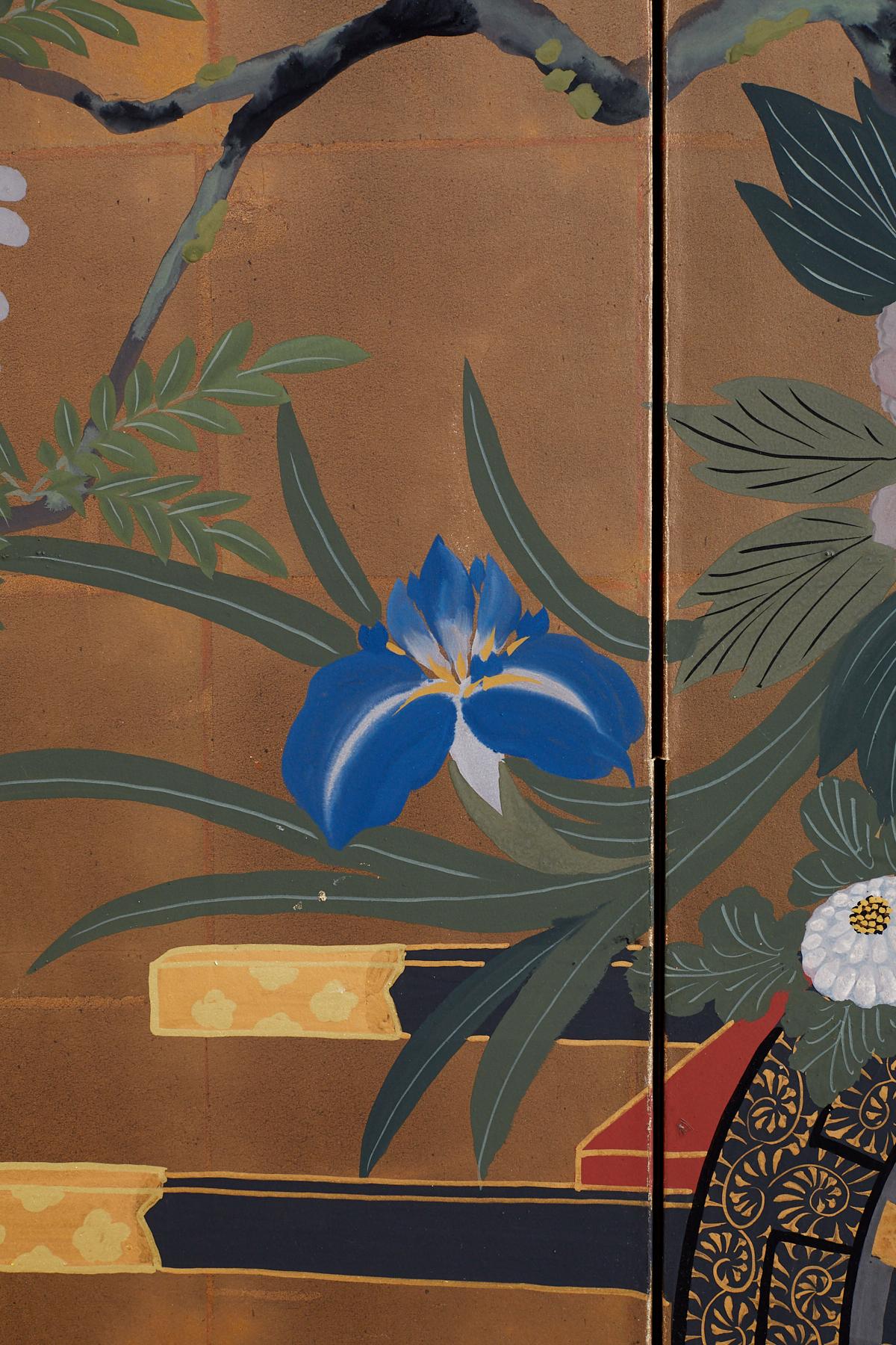 Japanese Four Panel Screen Gold Leaf Flower Cart 2