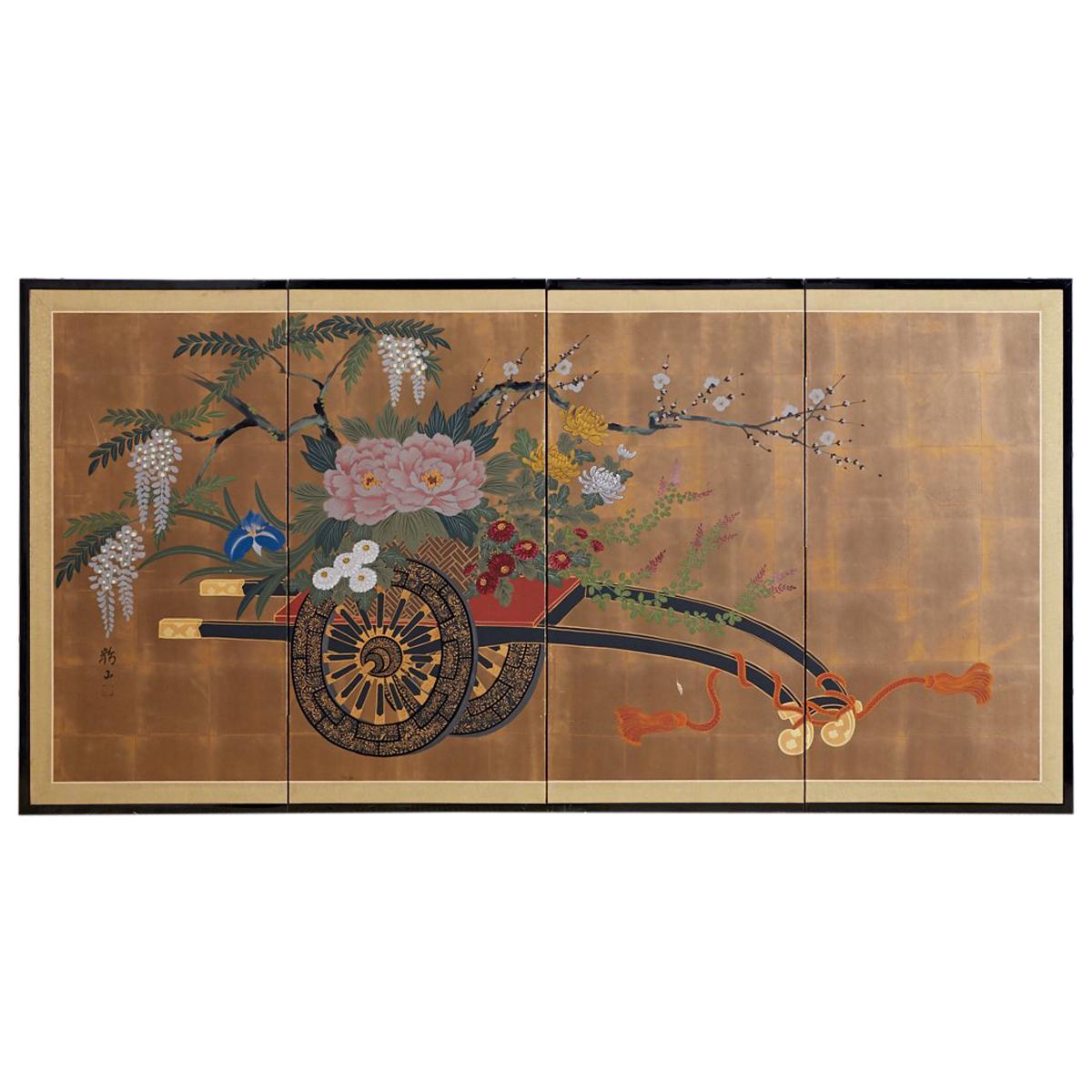 Japanese Four Panel Screen Gold Leaf Flower Cart