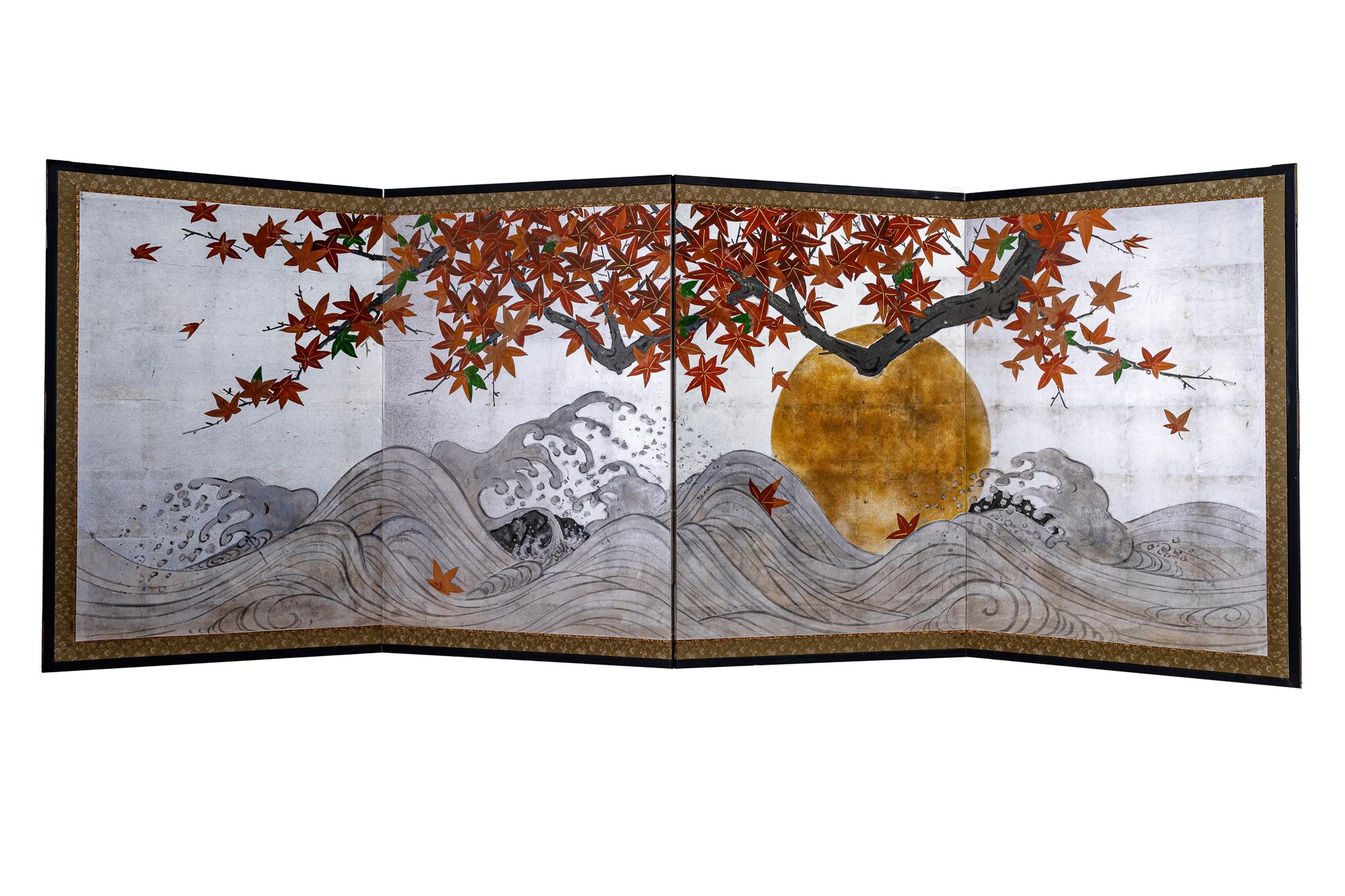 Japanese Four Panel Screen, Golden Sun Through Turbulent Surf For Sale 9
