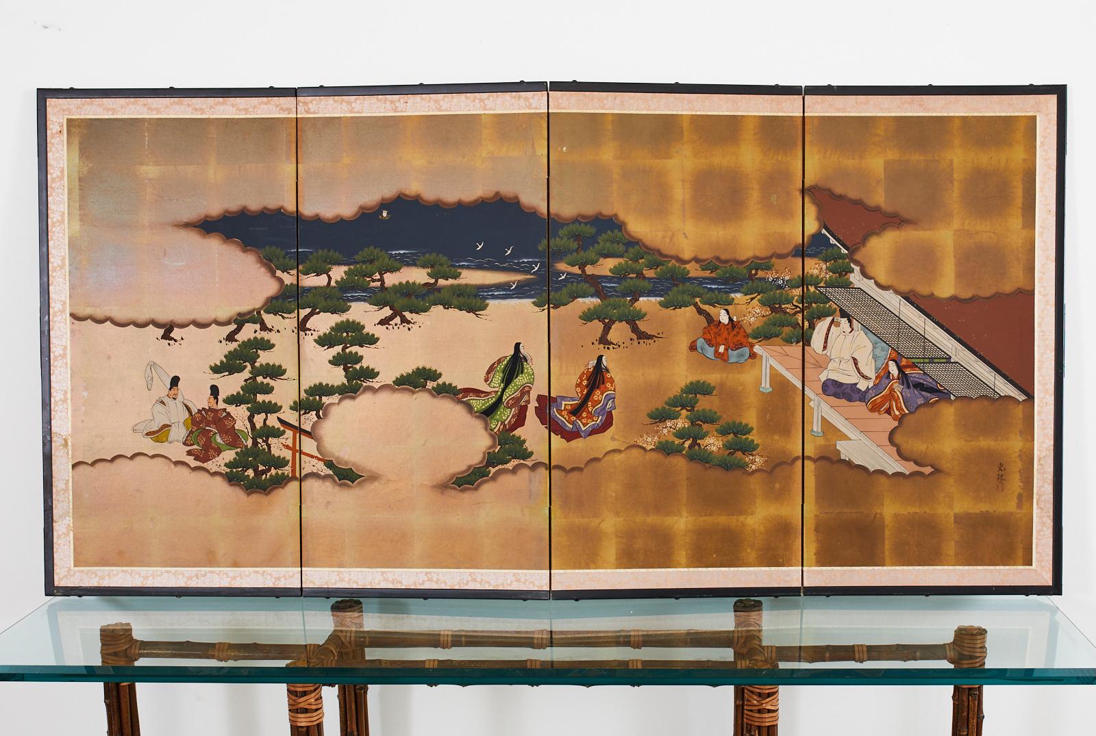 Showa Japanese Four Panel Screen Heian Era Narrative Tale
