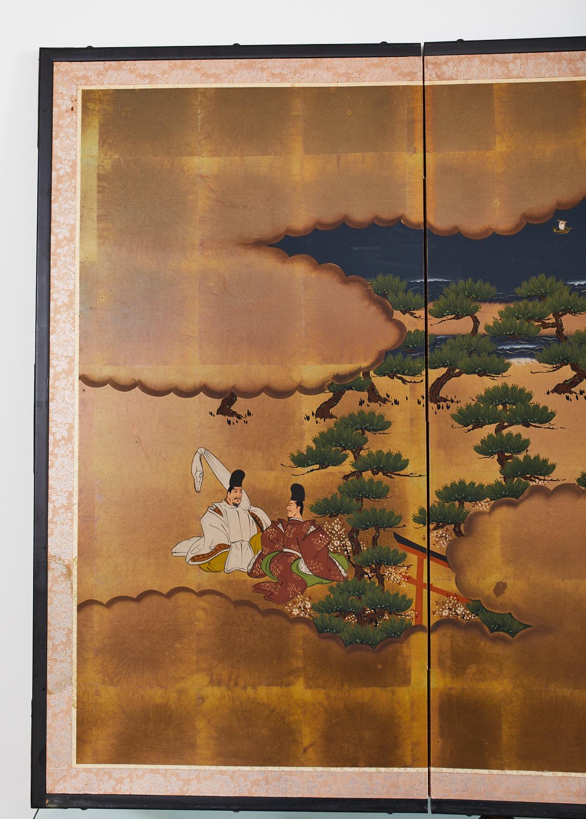 Hand-Crafted Japanese Four Panel Screen Heian Era Narrative Tale