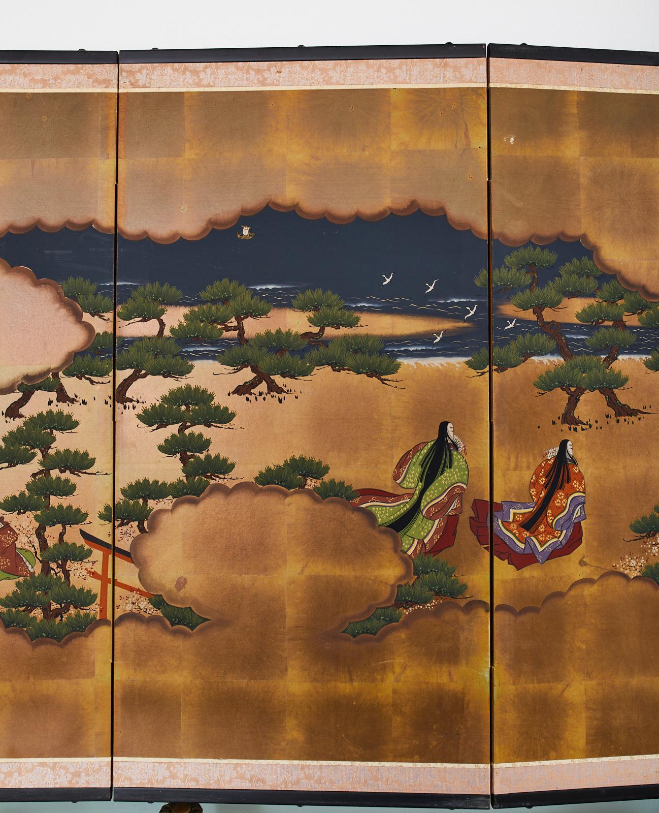Japanese Four Panel Screen Heian Era Narrative Tale In Good Condition In Rio Vista, CA