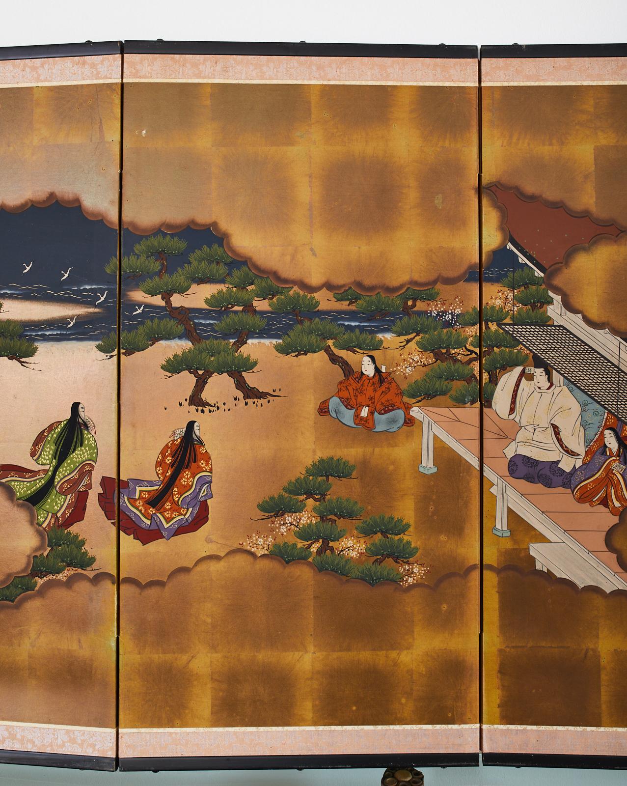 20th Century Japanese Four Panel Screen Heian Era Narrative Tale