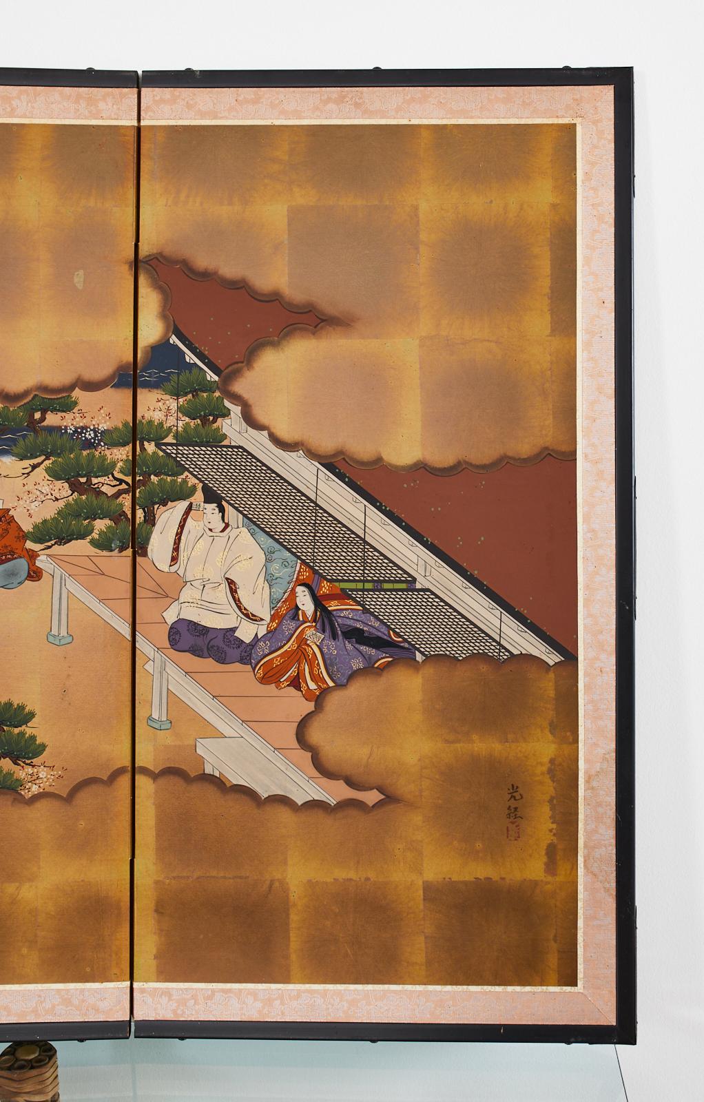 Brass Japanese Four Panel Screen Heian Era Narrative Tale