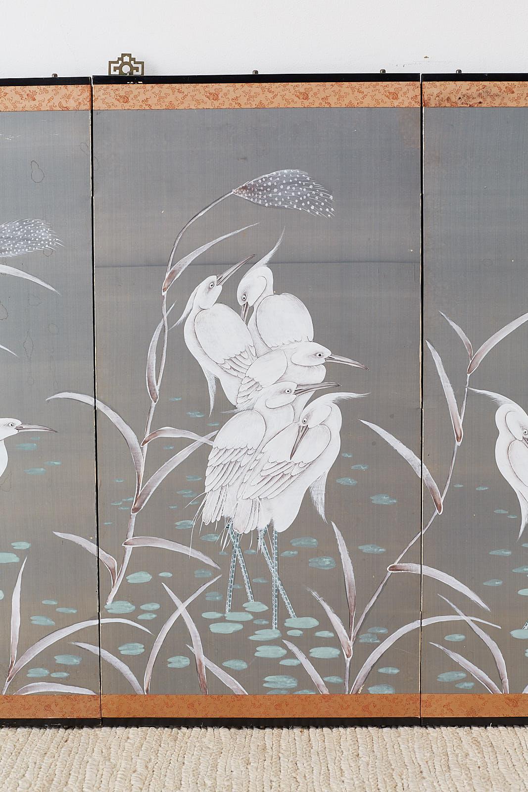 Lacquered Japanese Four-Panel Screen Herons and Reeds