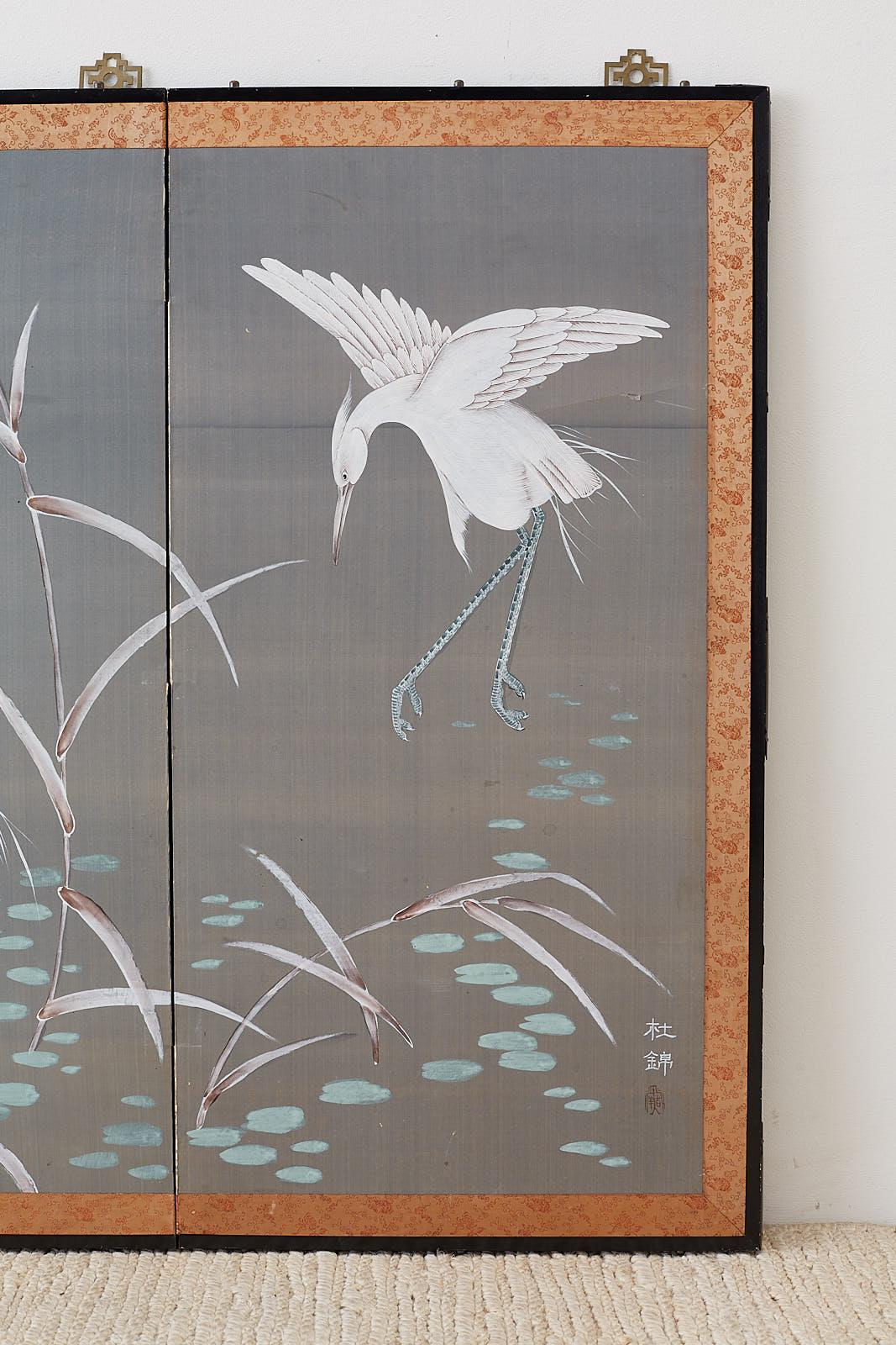 20th Century Japanese Four-Panel Screen Herons and Reeds