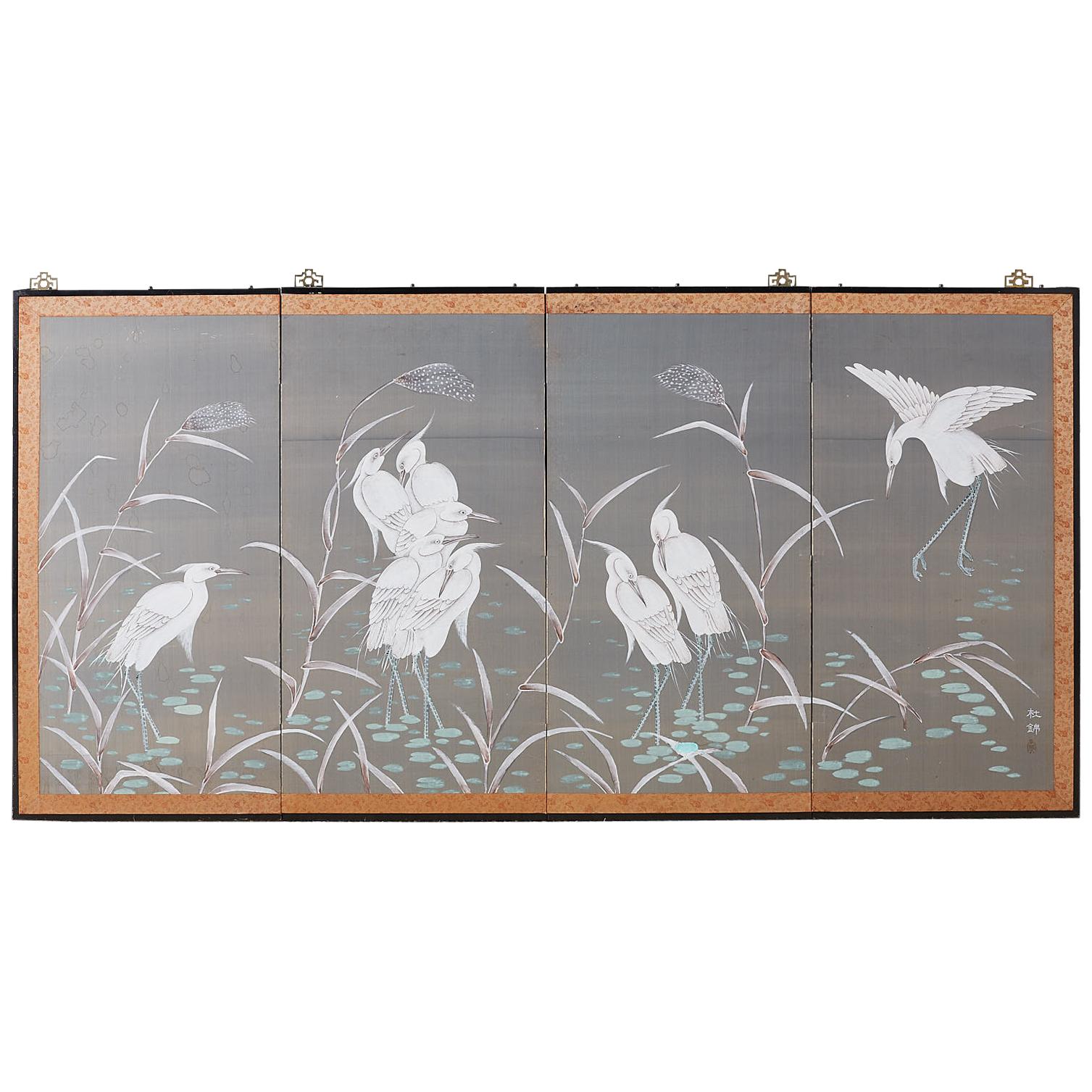 Japanese Four-Panel Screen Herons and Reeds