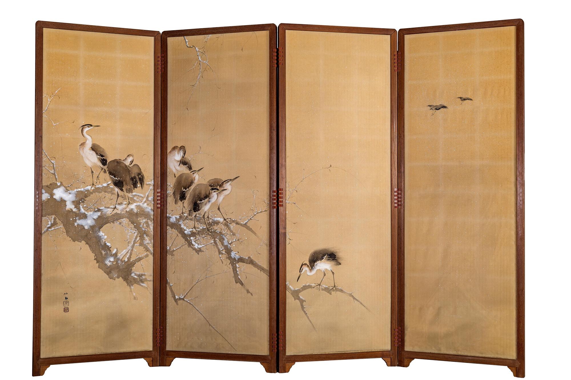 Japanese Four Panel Screen: Herons on Snow Laden Branch For Sale 8