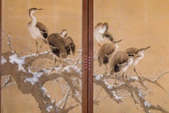 Japanese Four Panel Screen: Herons on Snow Laden Branch
