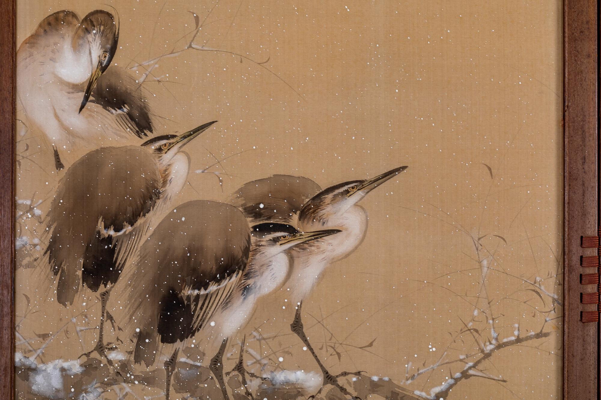 Japanese Four Panel Screen: Herons on Snow Laden Branch In Good Condition For Sale In Hudson, NY