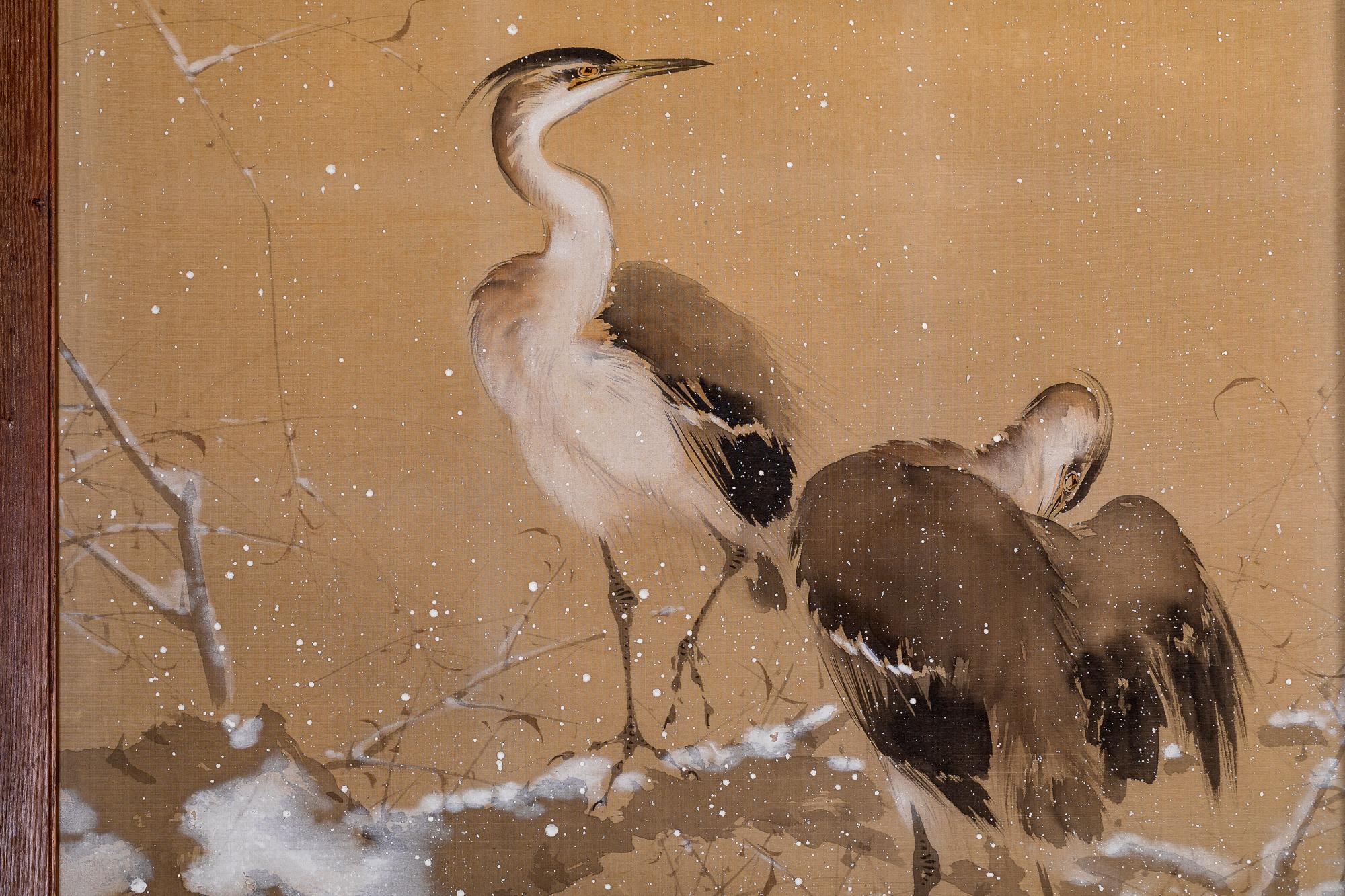 19th Century Japanese Four Panel Screen: Herons on Snow Laden Branch For Sale
