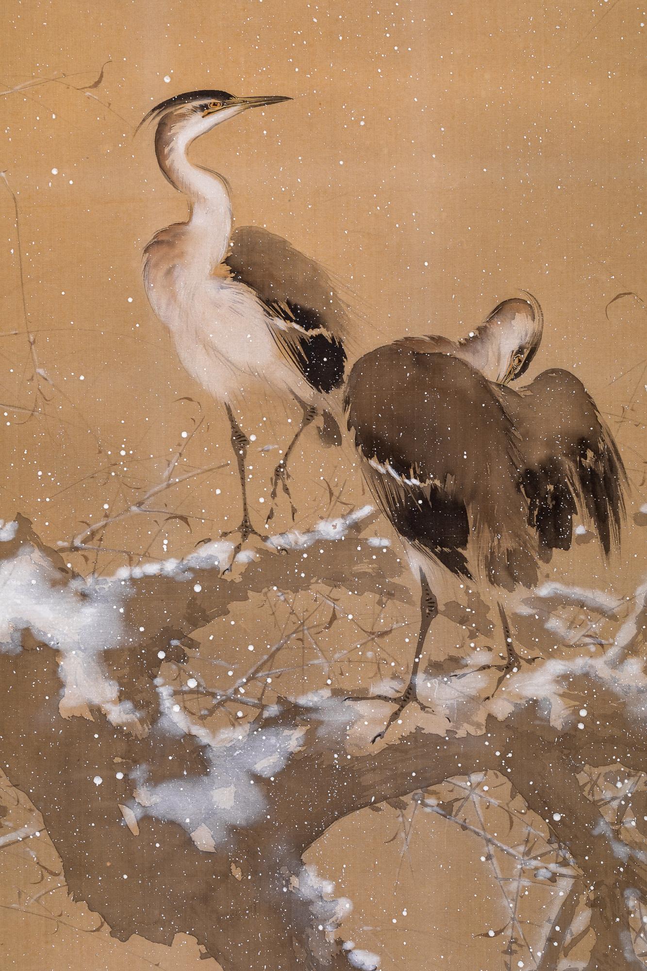 Wood Japanese Four Panel Screen: Herons on Snow Laden Branch For Sale