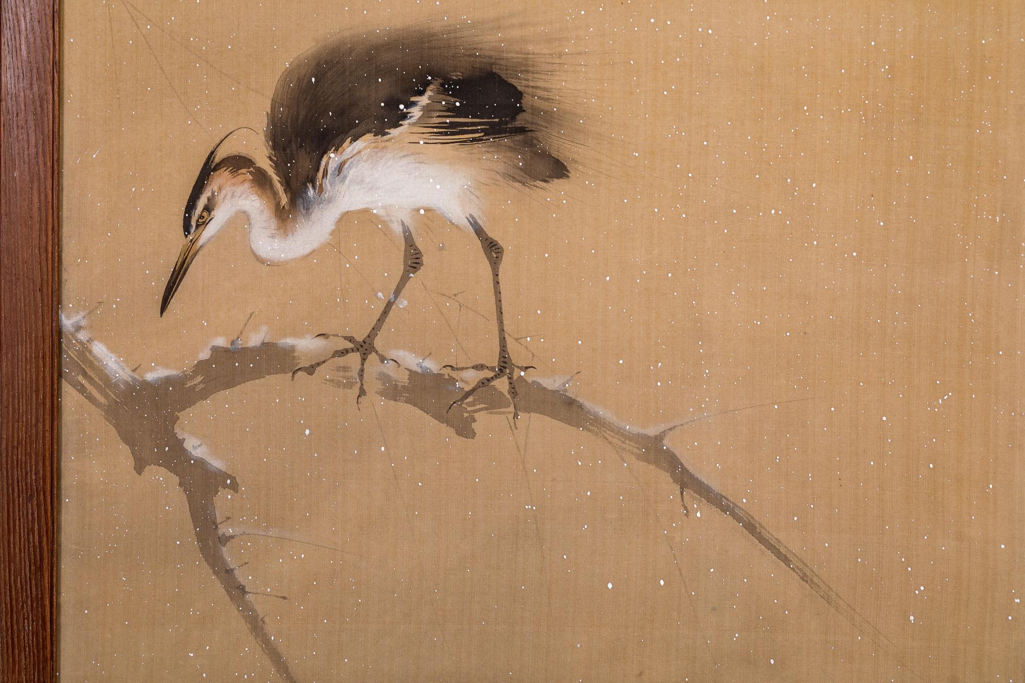Japanese Four Panel Screen: Herons on Snow Laden Branch For Sale 1